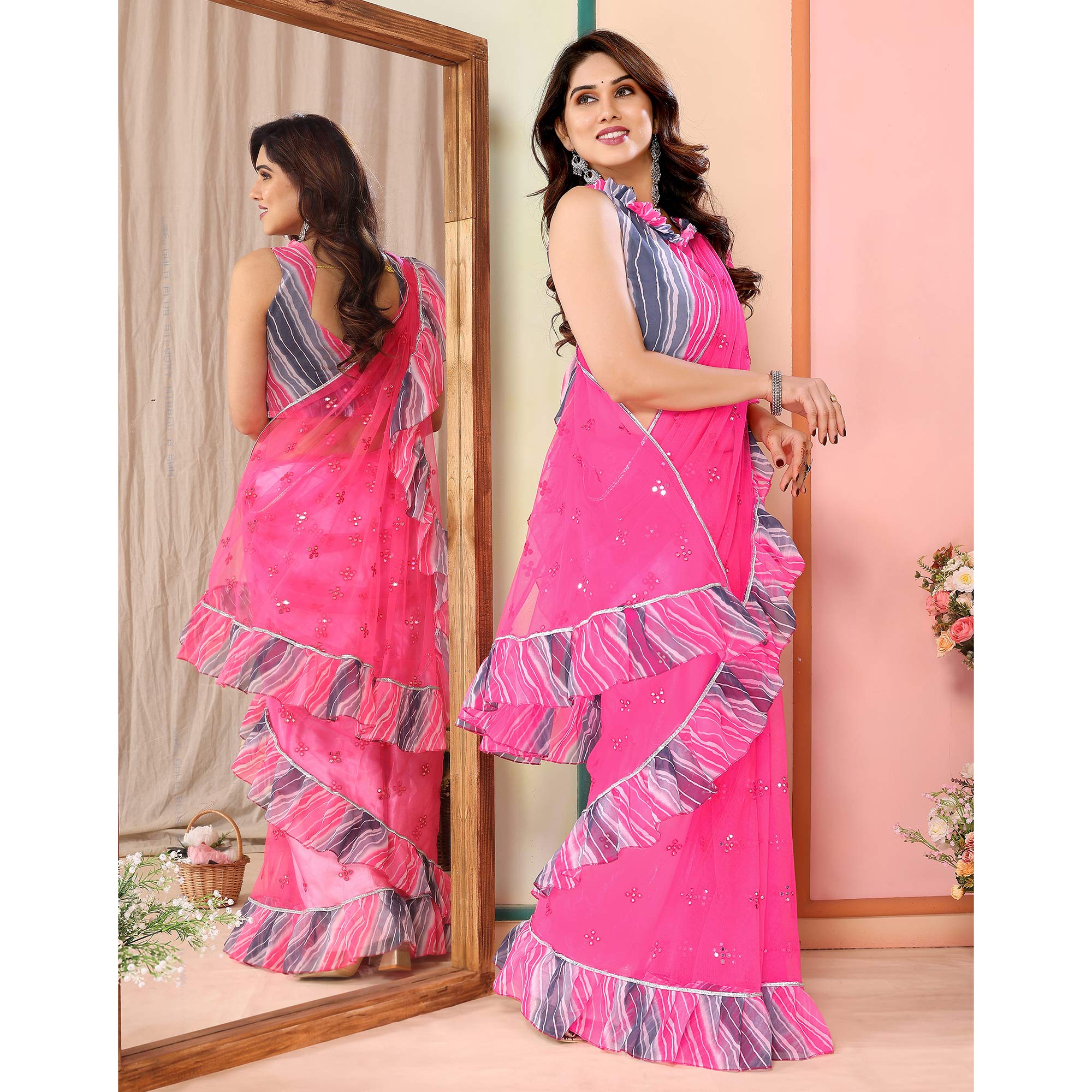 Pink Mirror Work Embroidered Net Ruffle Saree