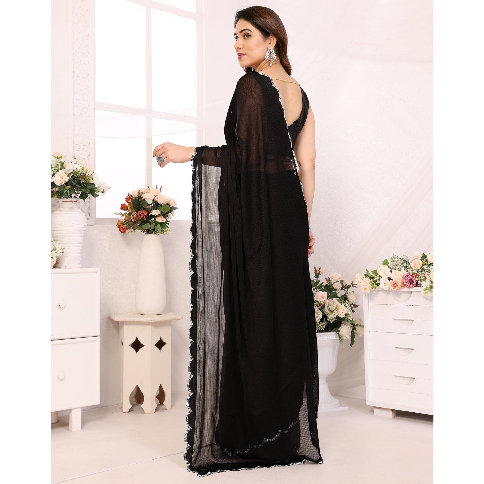 Black Solid Chiffon Saree With Stone Work Border