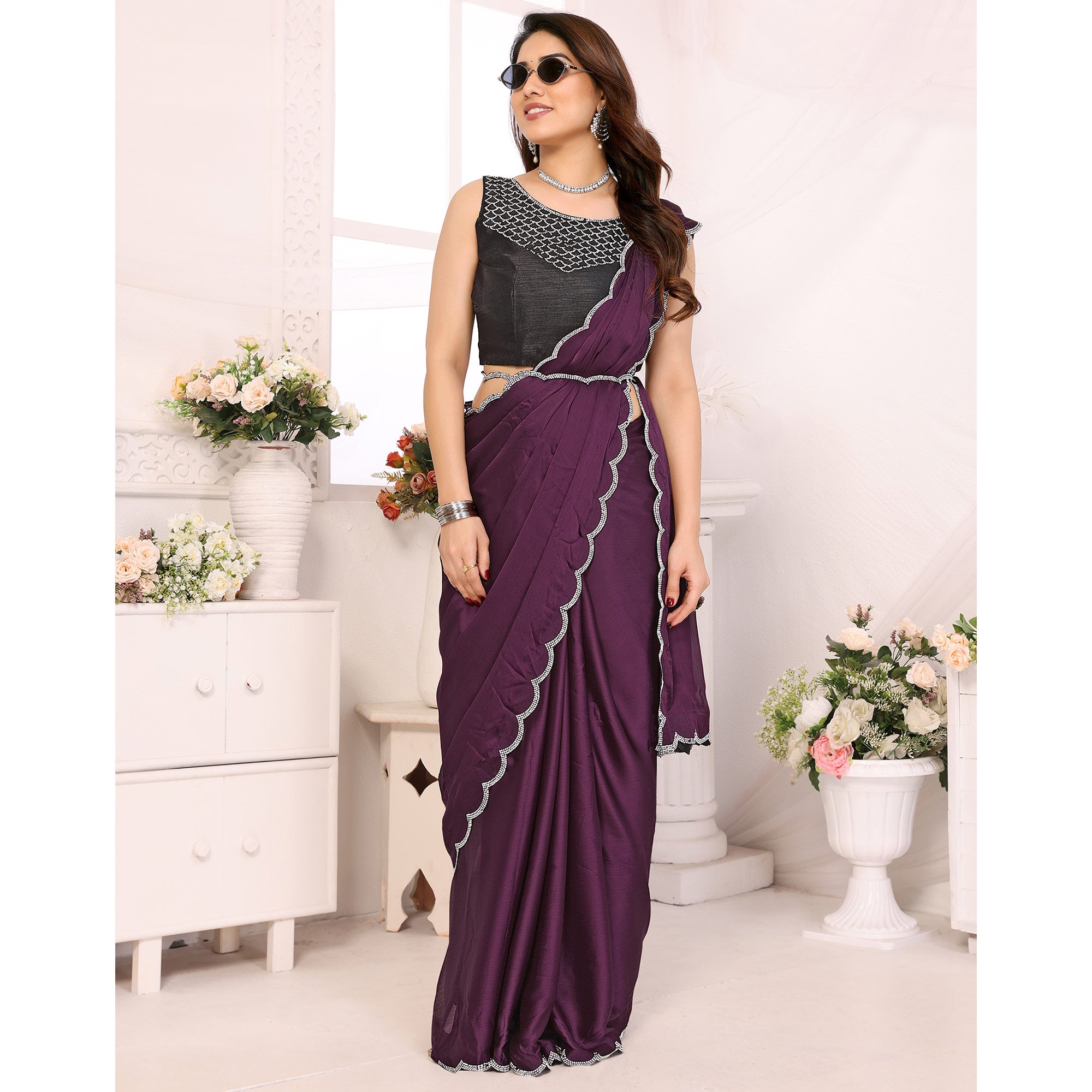 Purple Solid Chiffon Saree With Stone Work Border