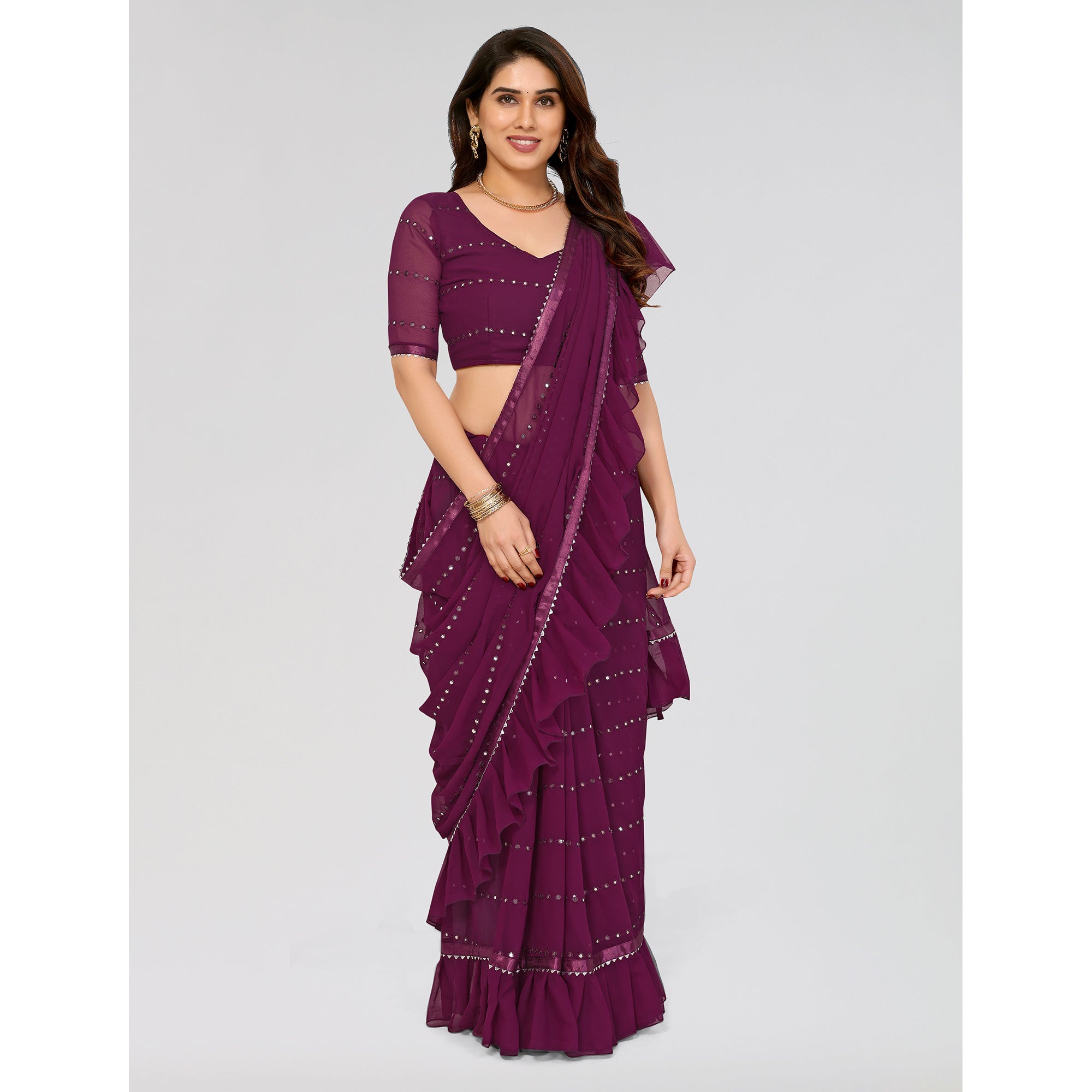 Purple Embroidered Georgette Ruffle Saree