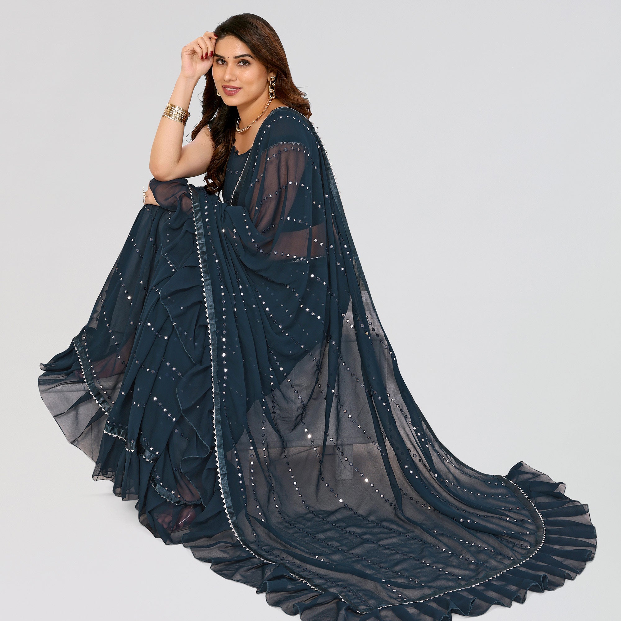 Teal Embroidered Georgette Ruffle Saree