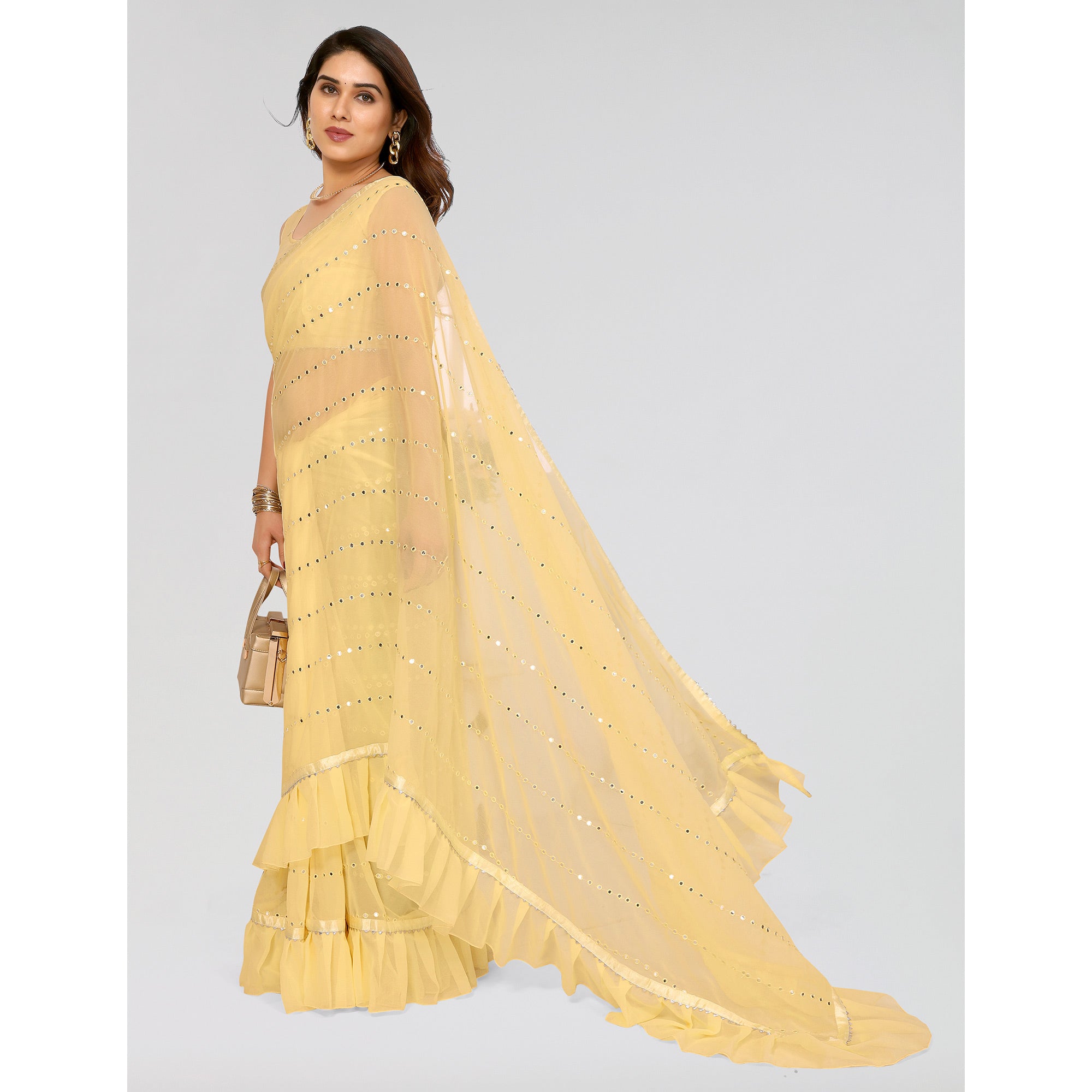 Yellow Embroidered Georgette Ruffle Saree