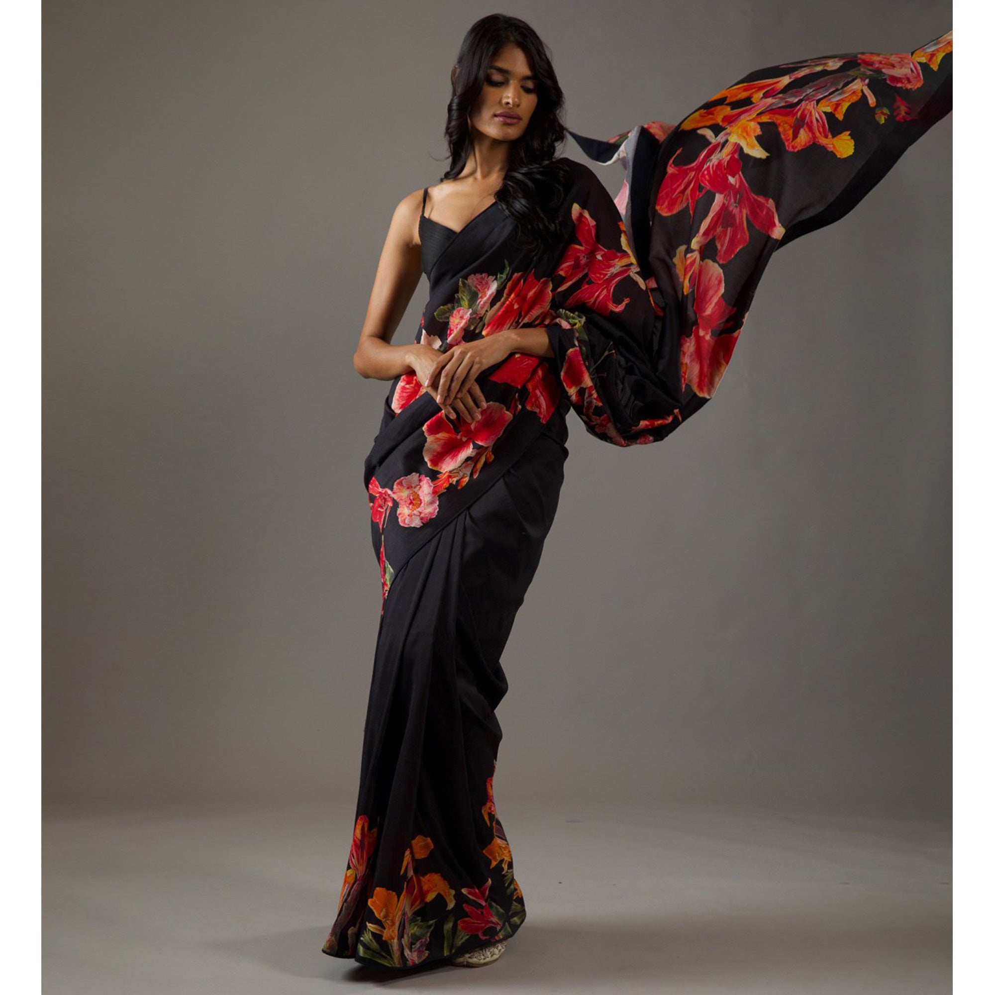 Black Floral Printed Chiffon Saree