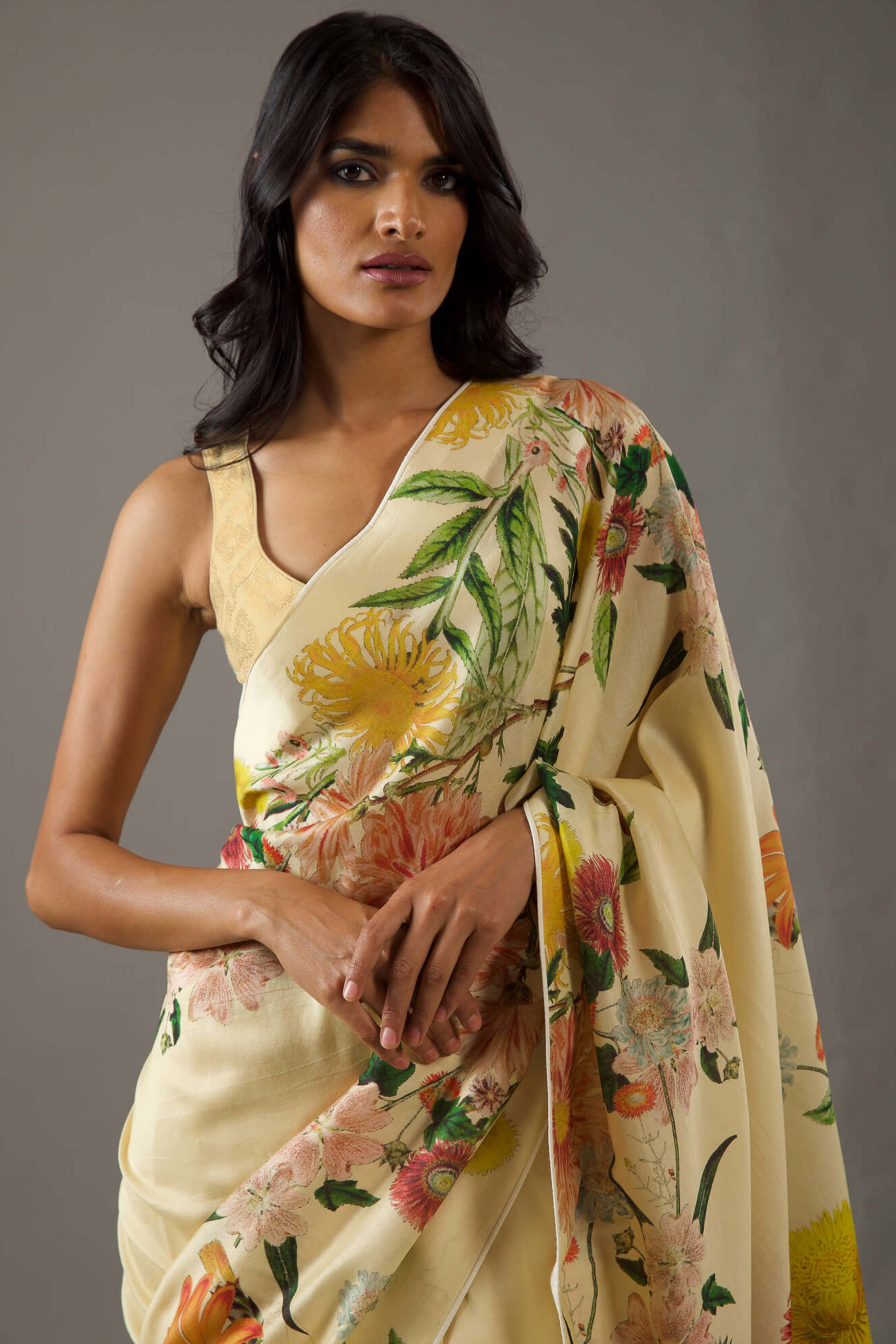 Cream Floral Printed Chiffon Saree