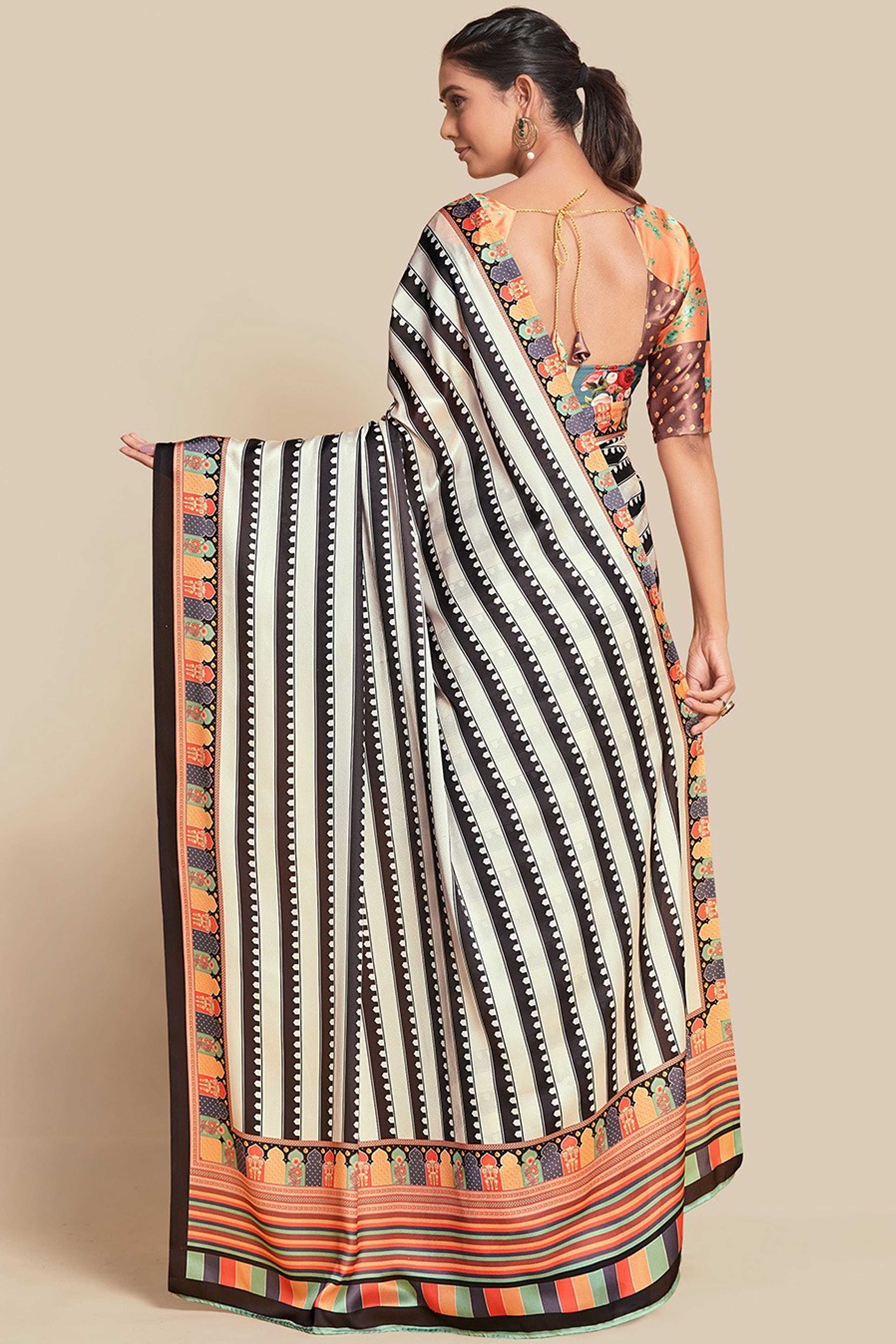 White Strips Printed Chiffon Saree