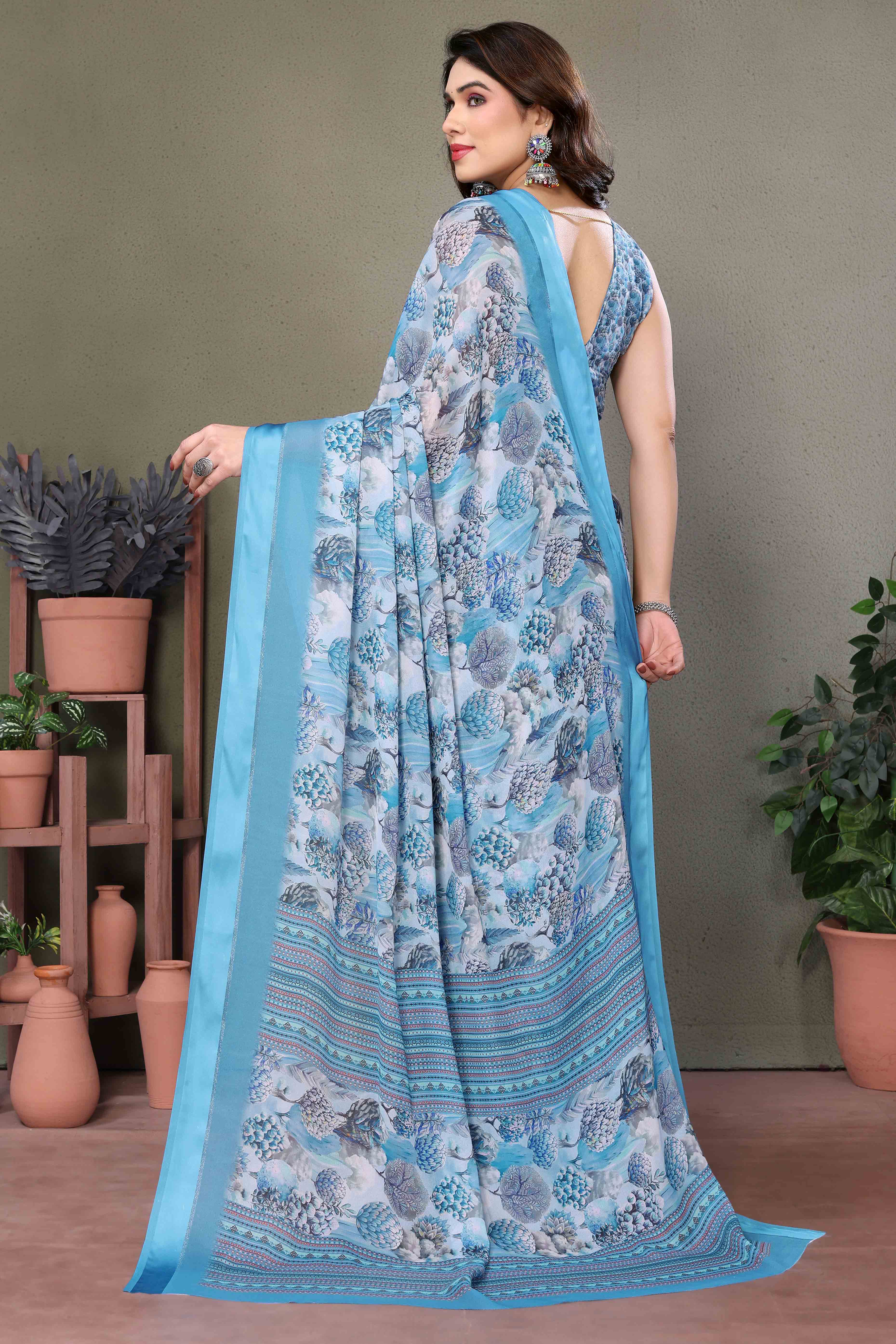 Blue Floral Printed Chiffon Saree