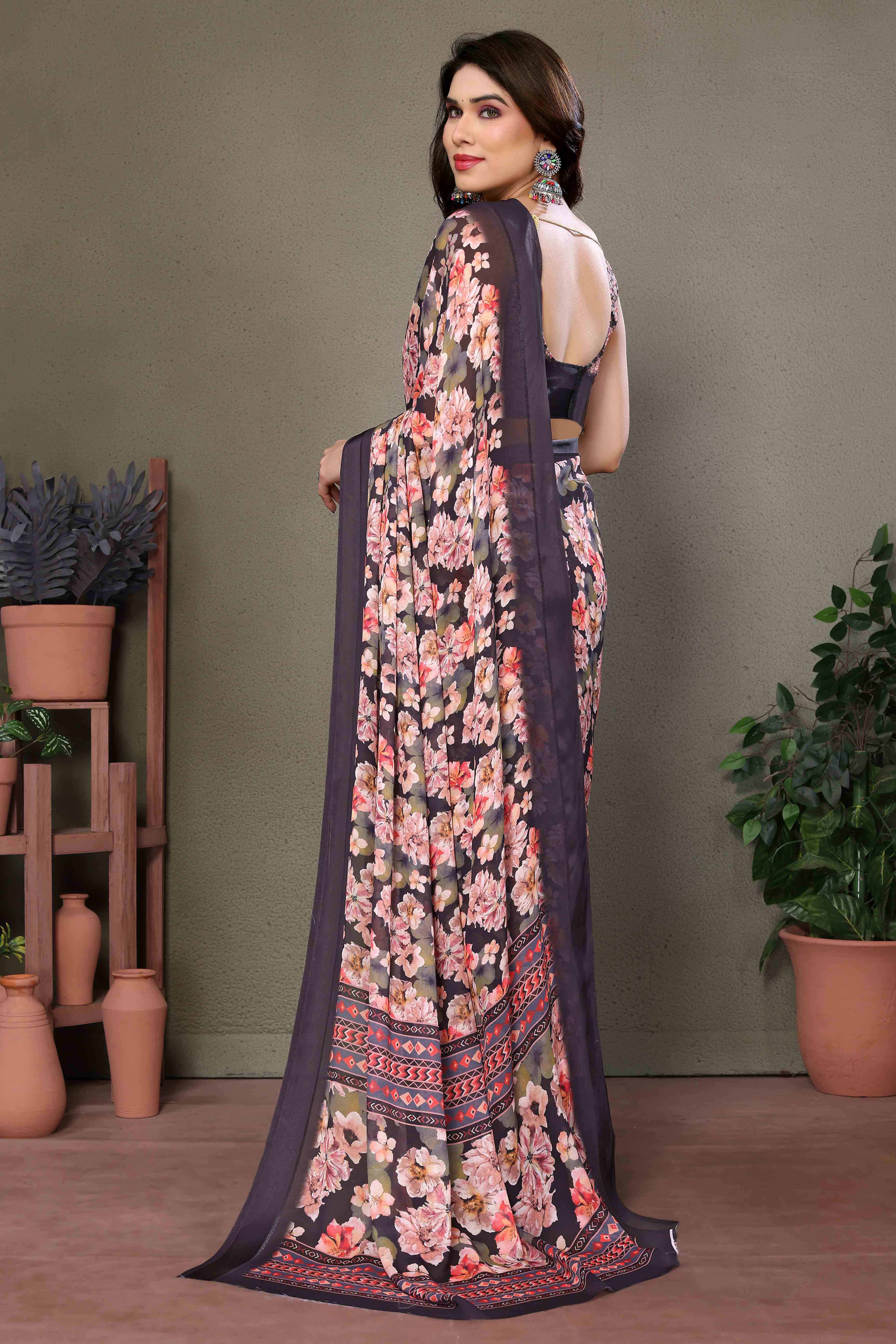 Brown Floral Printed Chiffon Saree