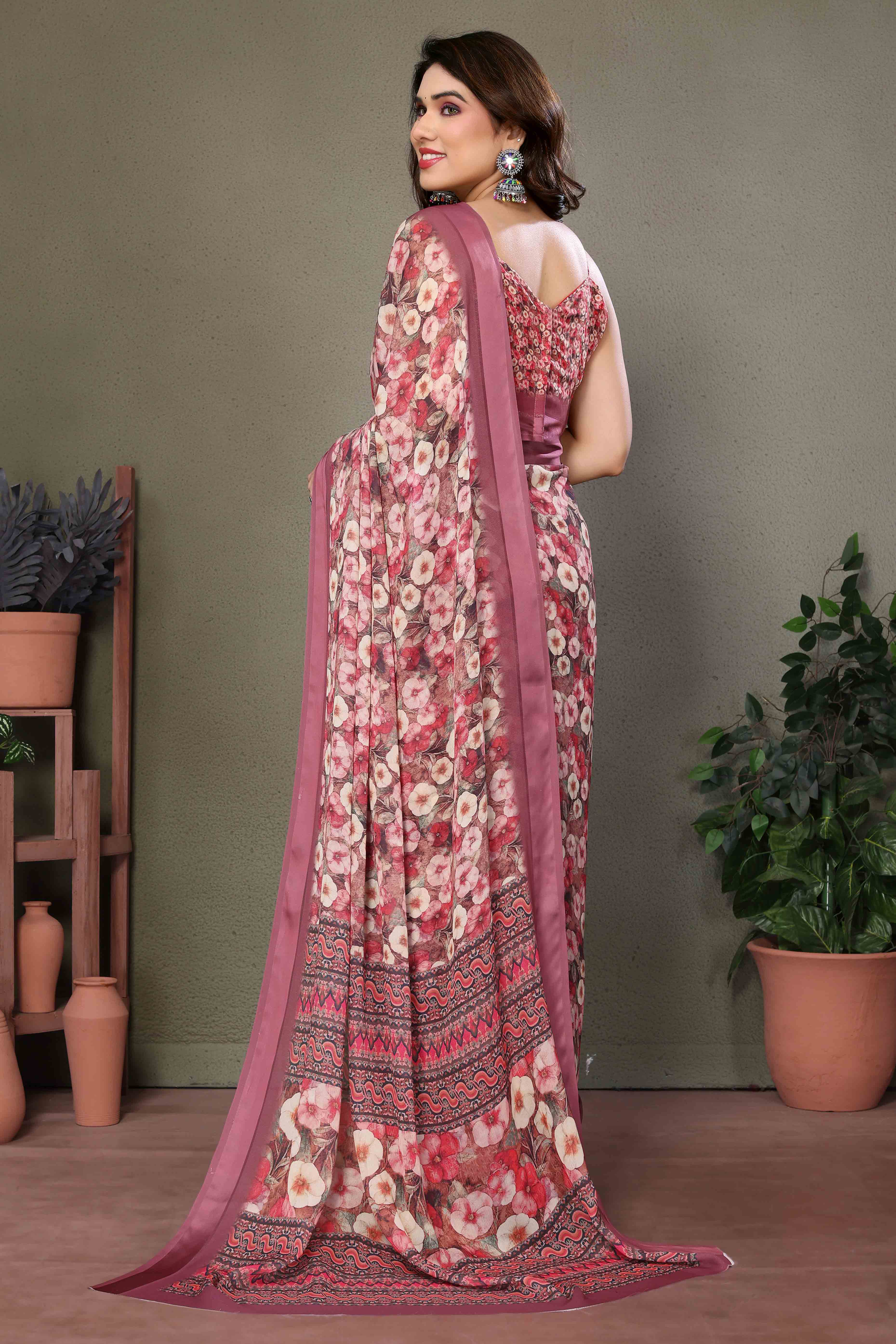 Mauve Floral Printed Chiffon Saree