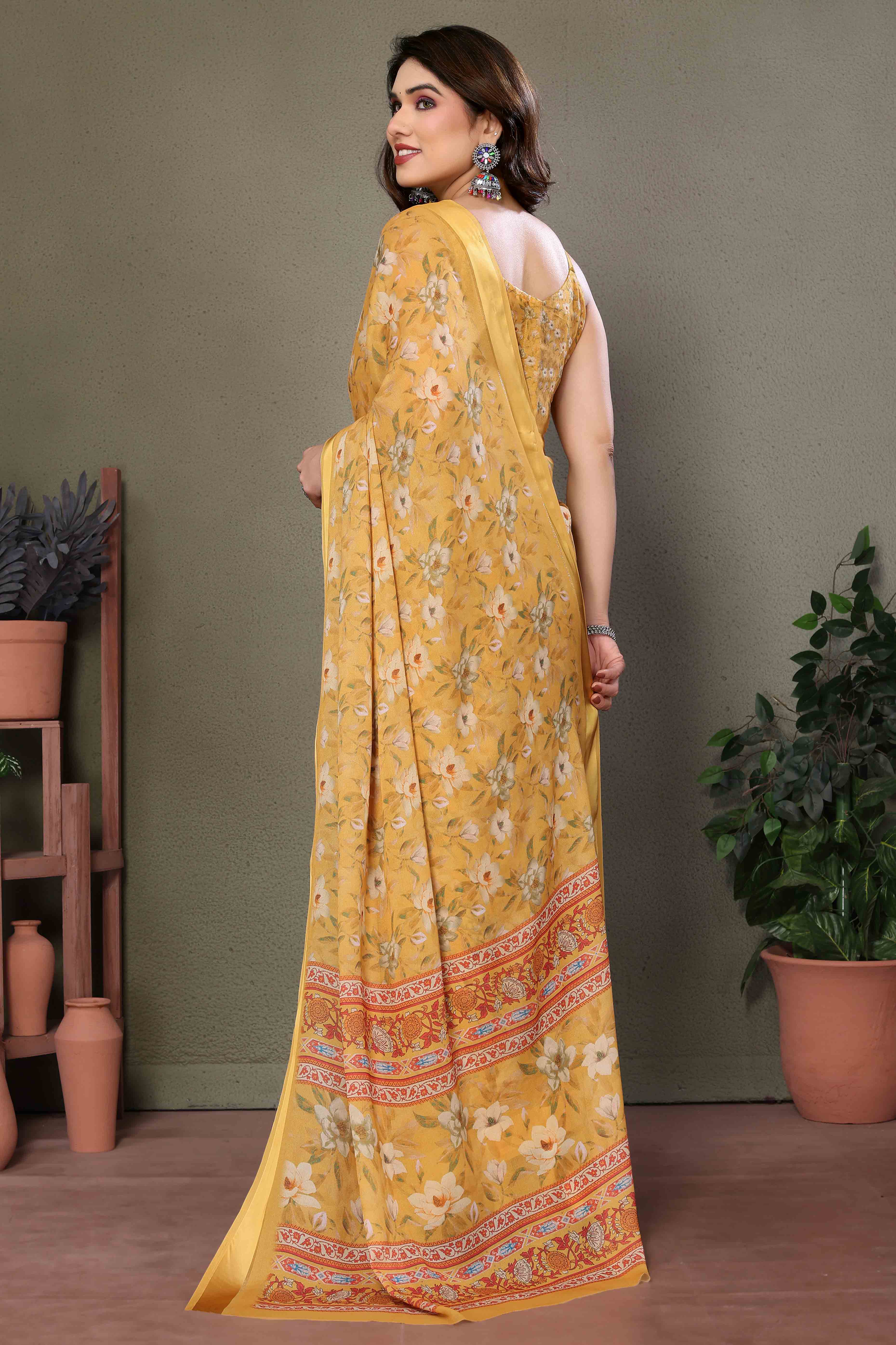 Mustard Floral Printed Chiffon Saree