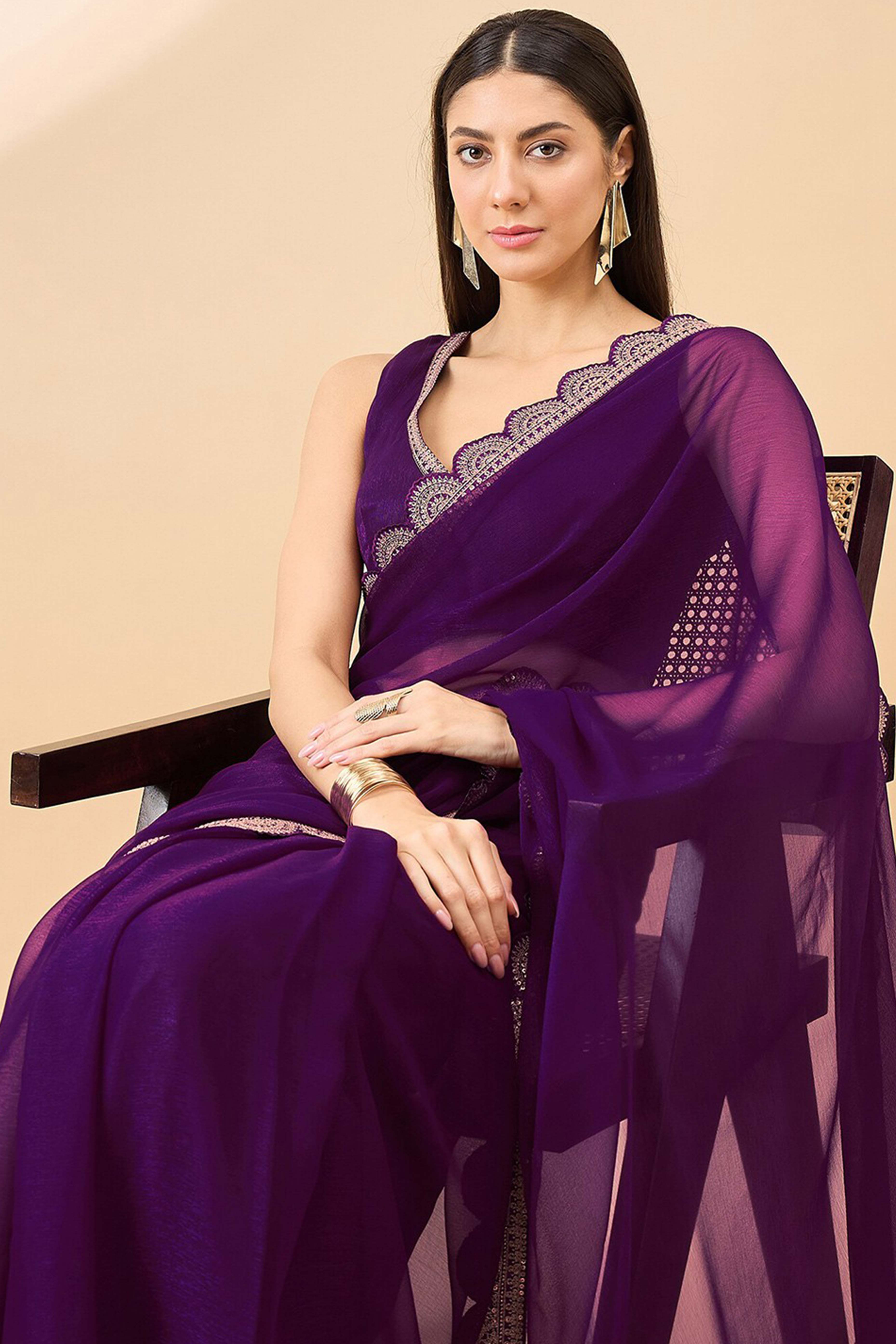 Purple Solid Chiffon Saree With Embellished Saree