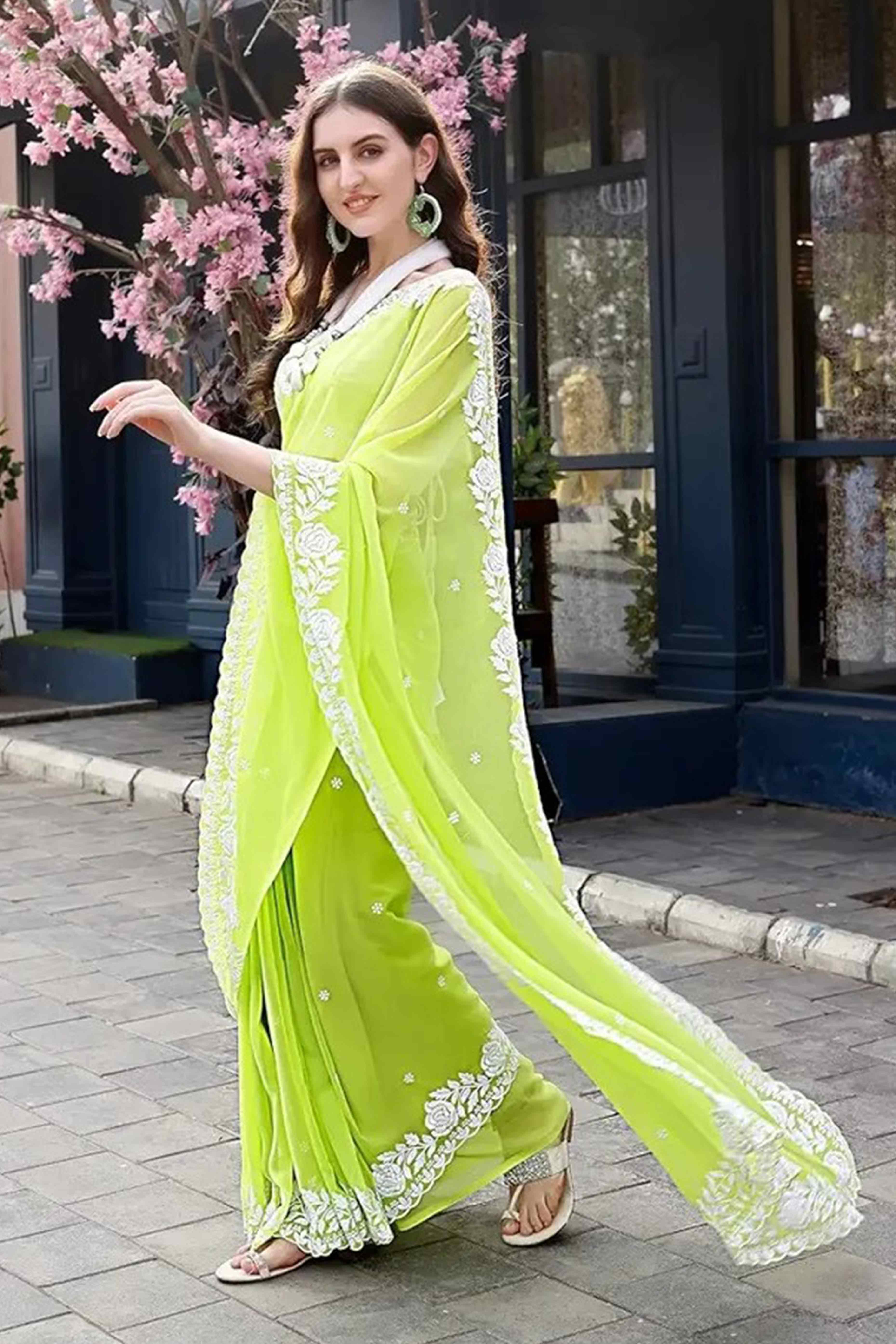 Lime Green Floral Embroidered Georgette Saree