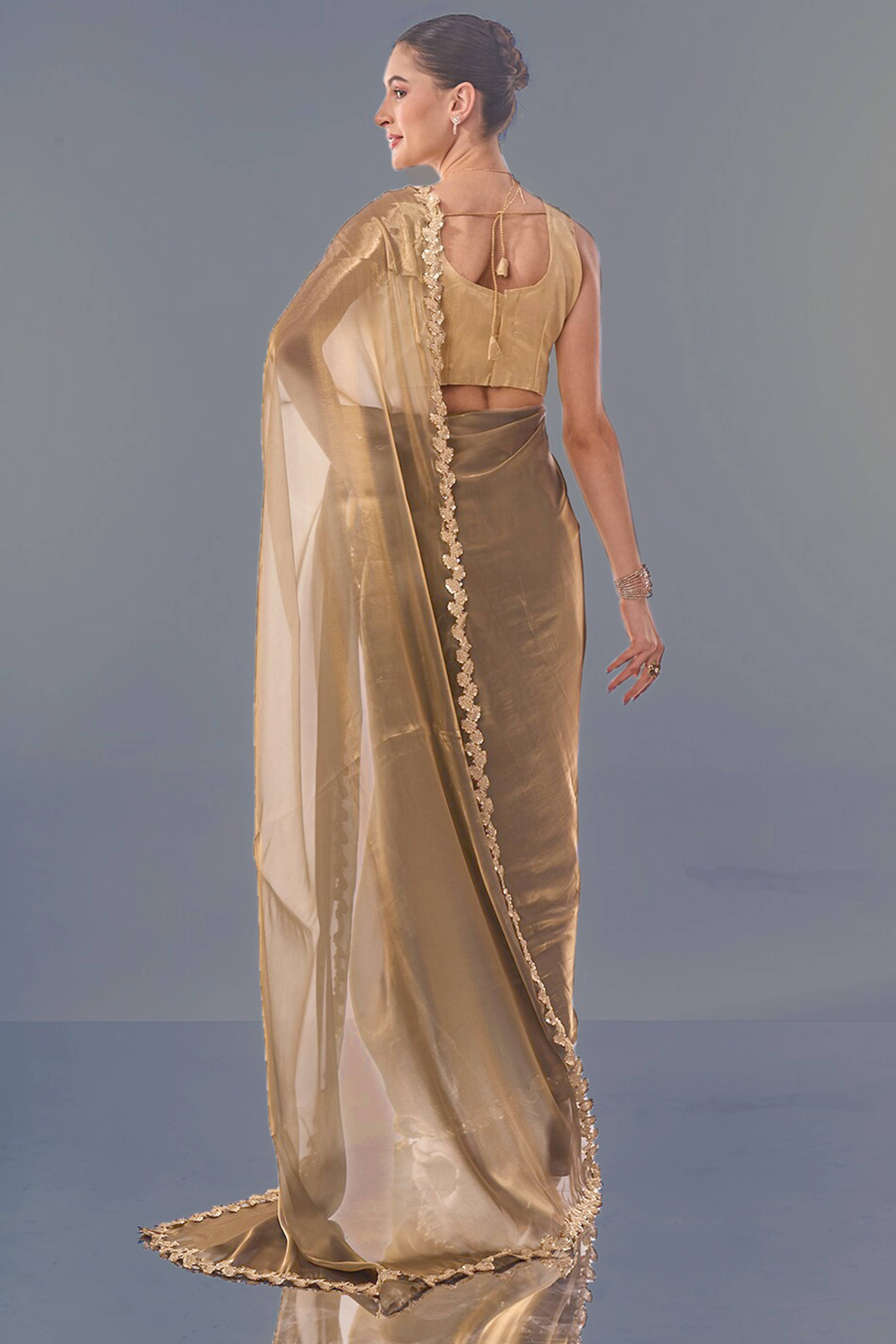 Golden Solid Tissue Jimmy Choo Saree With Sequins Embroidered Cut Work Lace