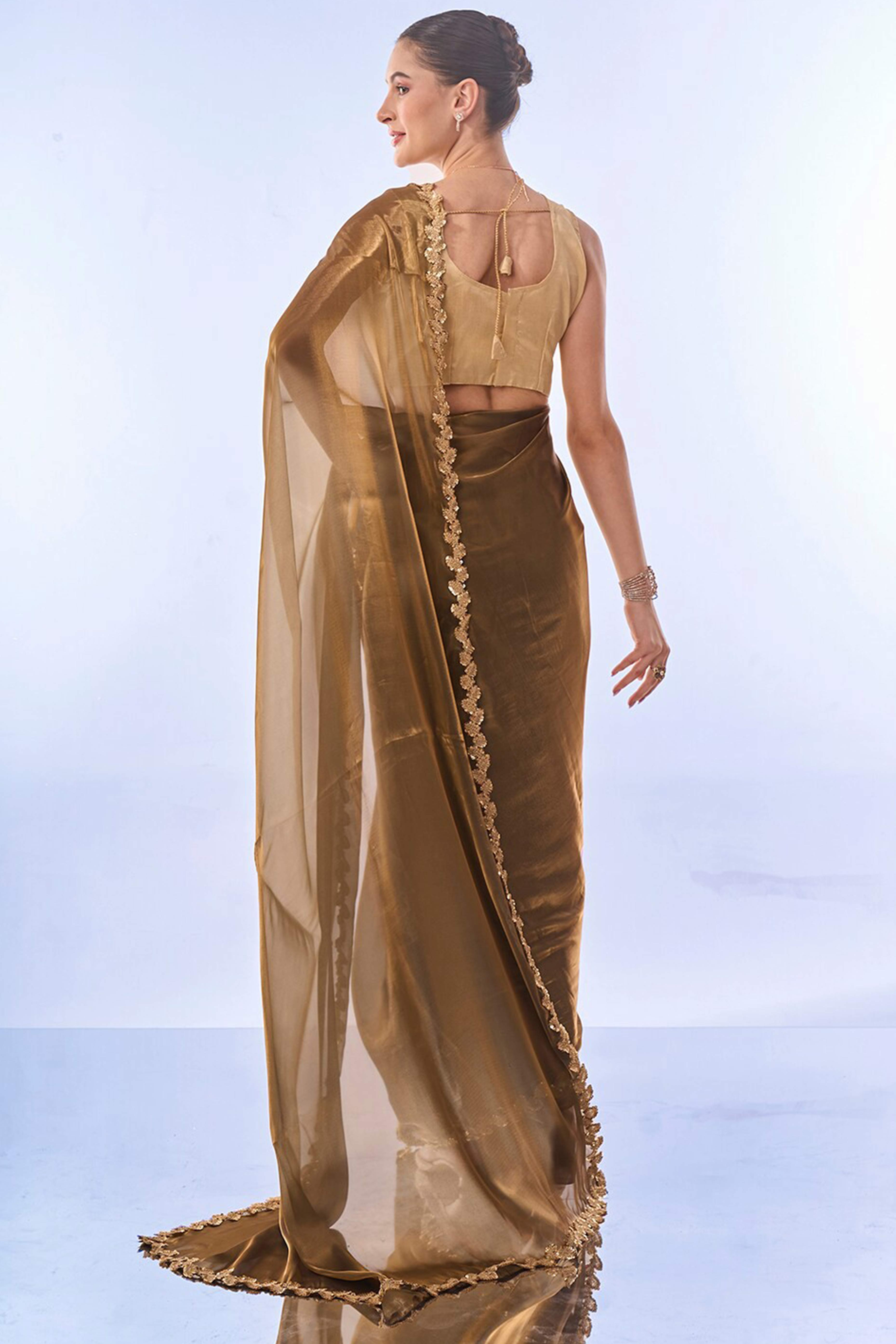 Golden Brown Solid Tissue Jimmy Choo Saree With Sequins Embroidered Cut Work Lace