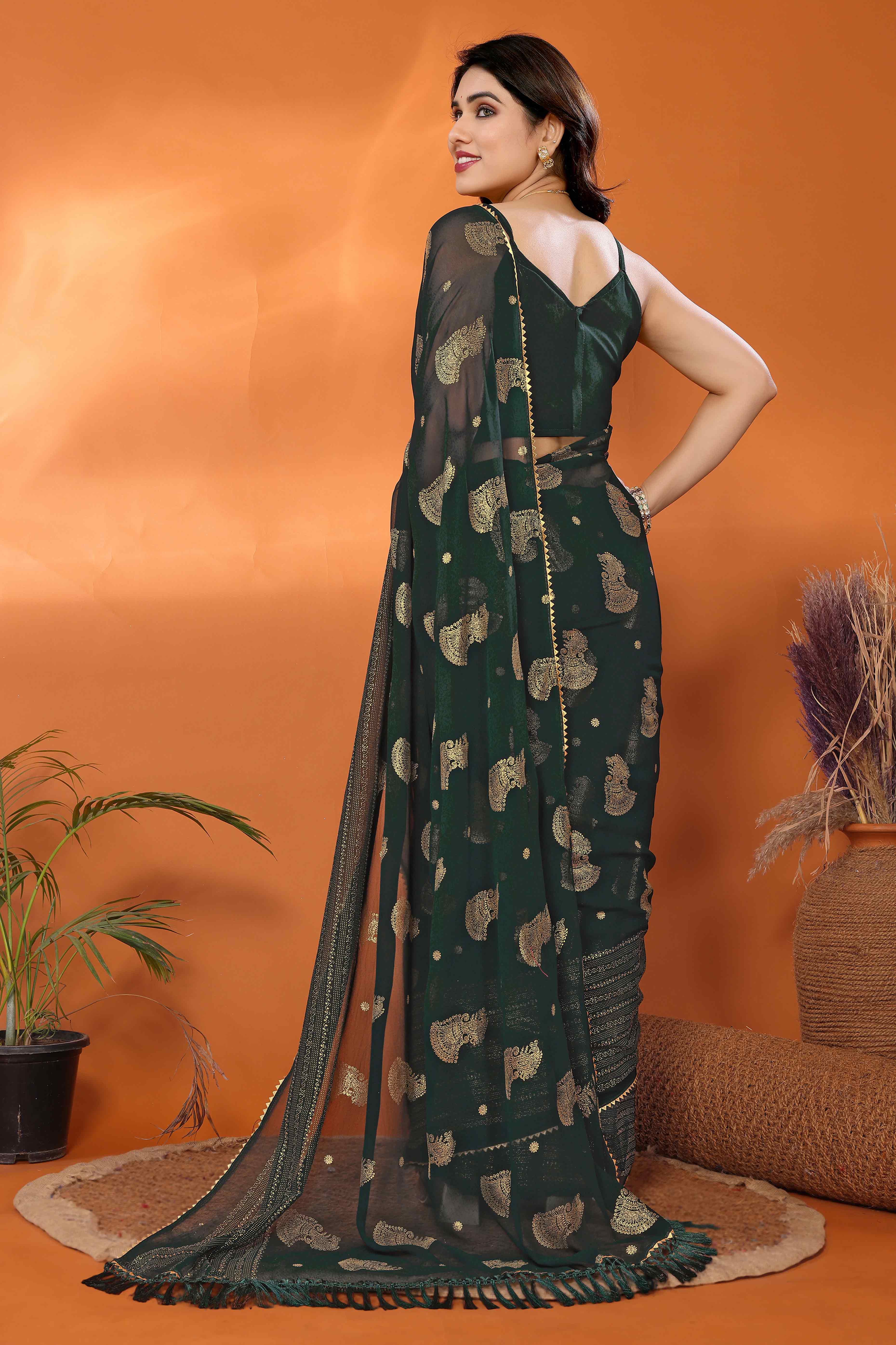 Green Foil Printed Georgette Saree