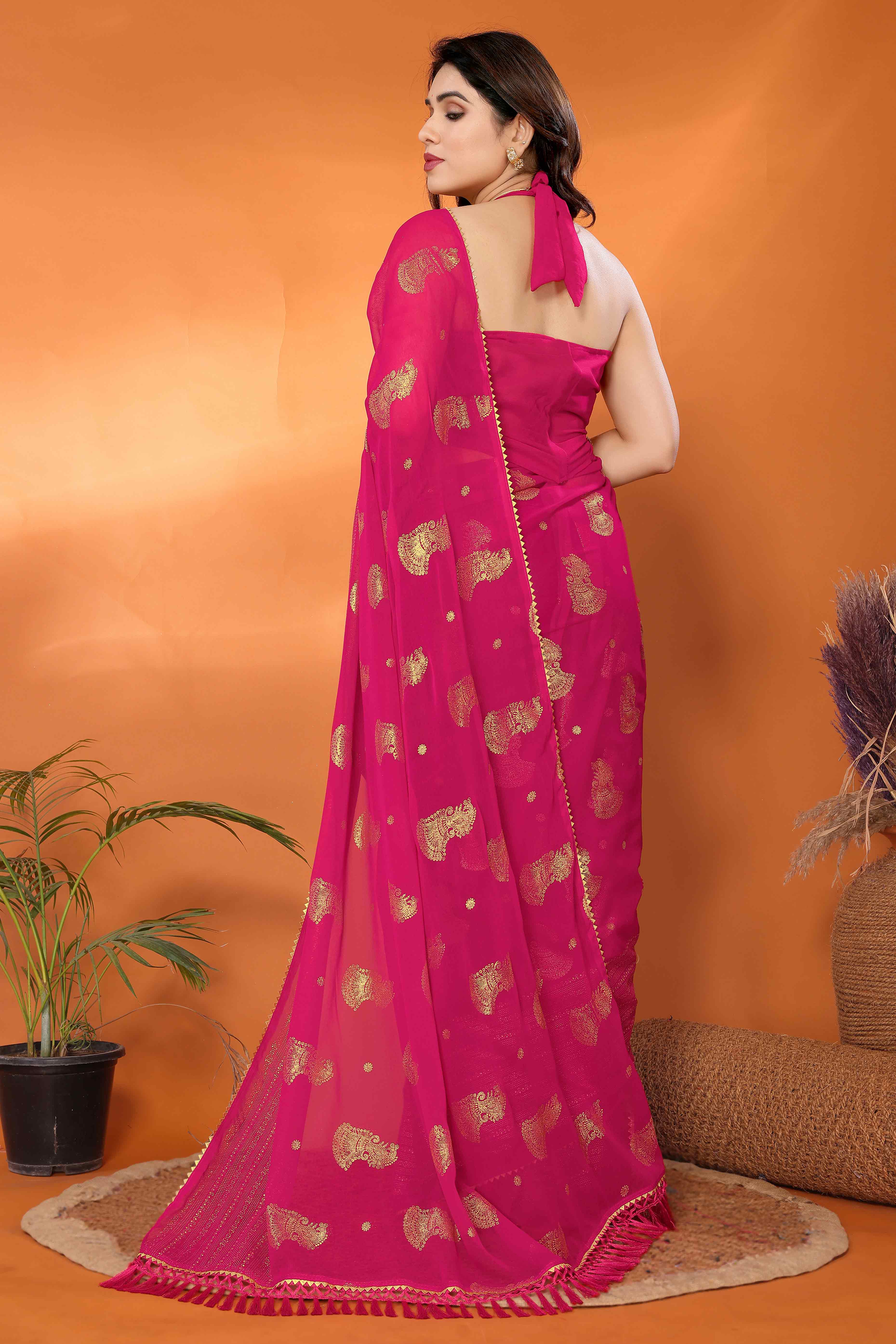 Pink Foil Printed Georgette Saree