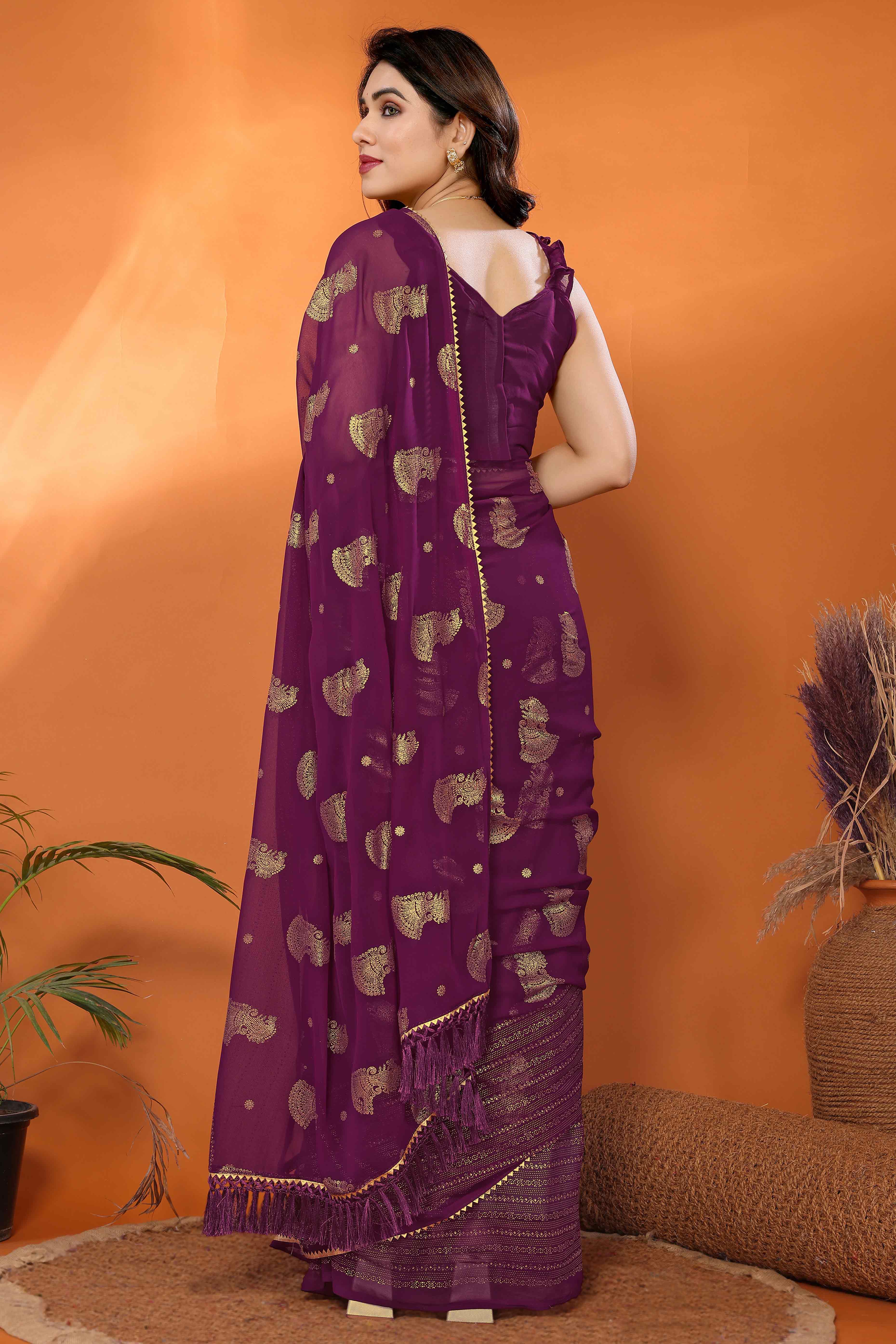 Wine Foil Printed Georgette Saree