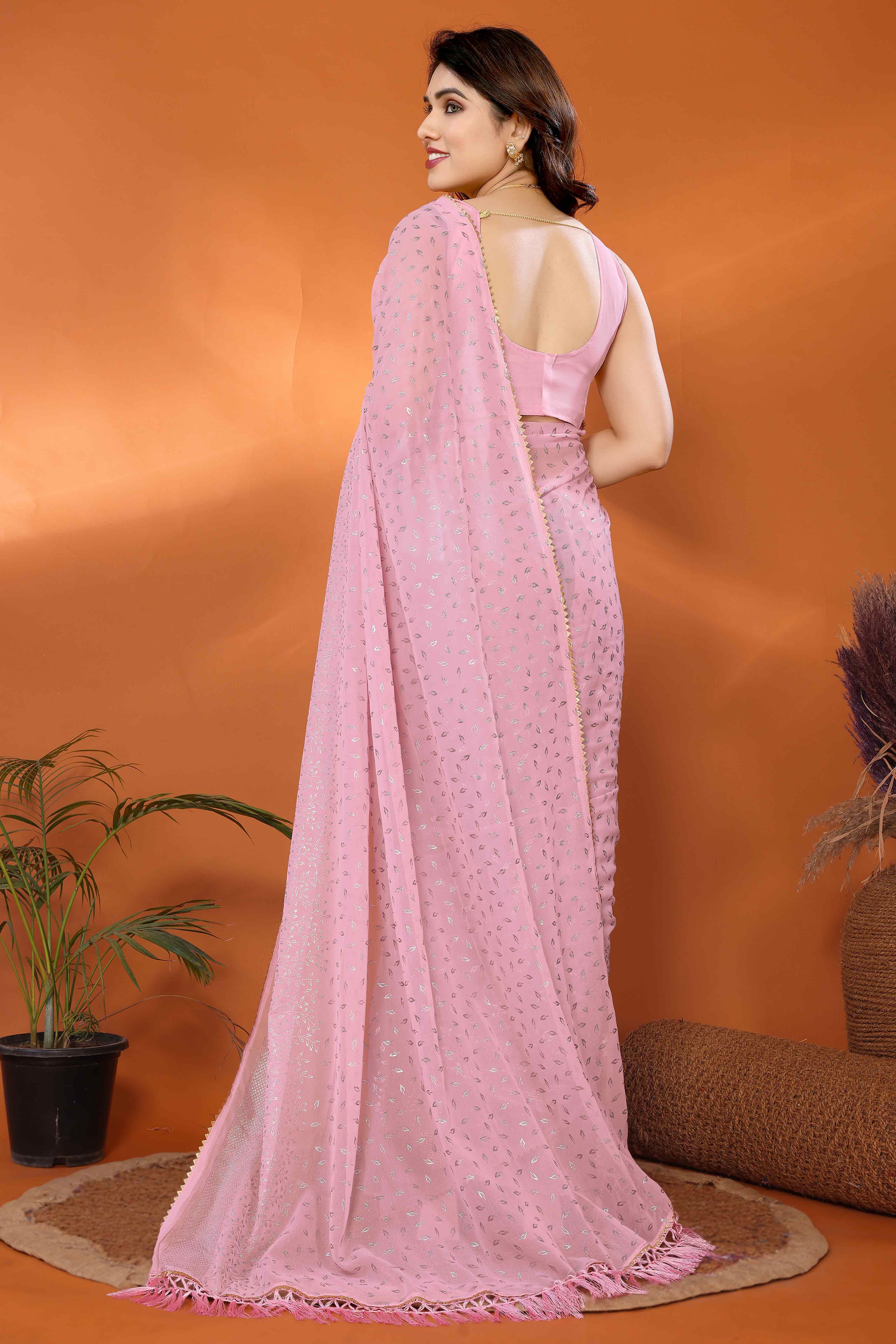 Rose Pink Foil Printed Georgette Saree