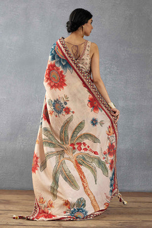 Beige Floral Printed Moss Chiffon Saree With Tassels