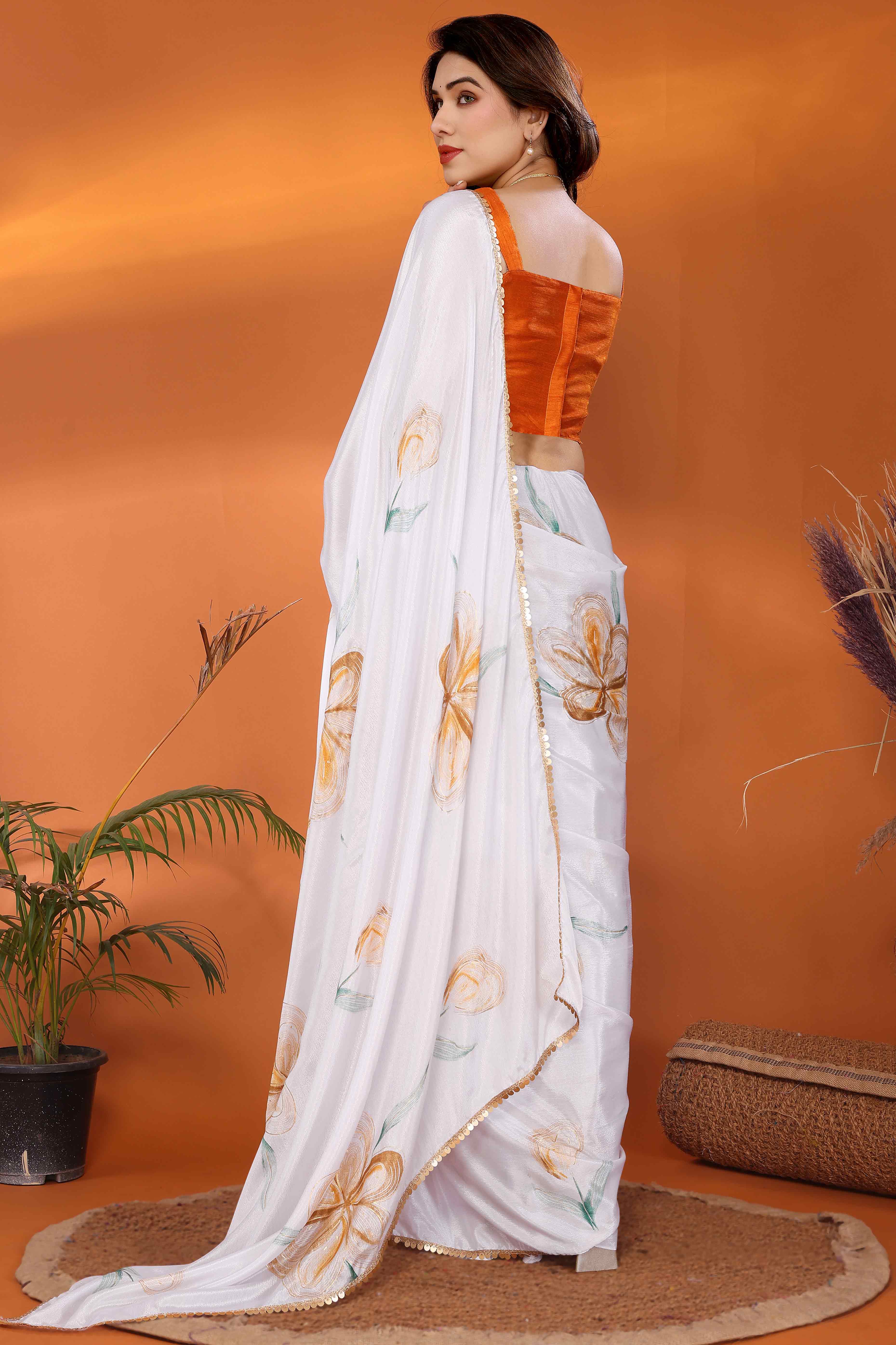 White & Orange Floral Printed Chiffon Saree
