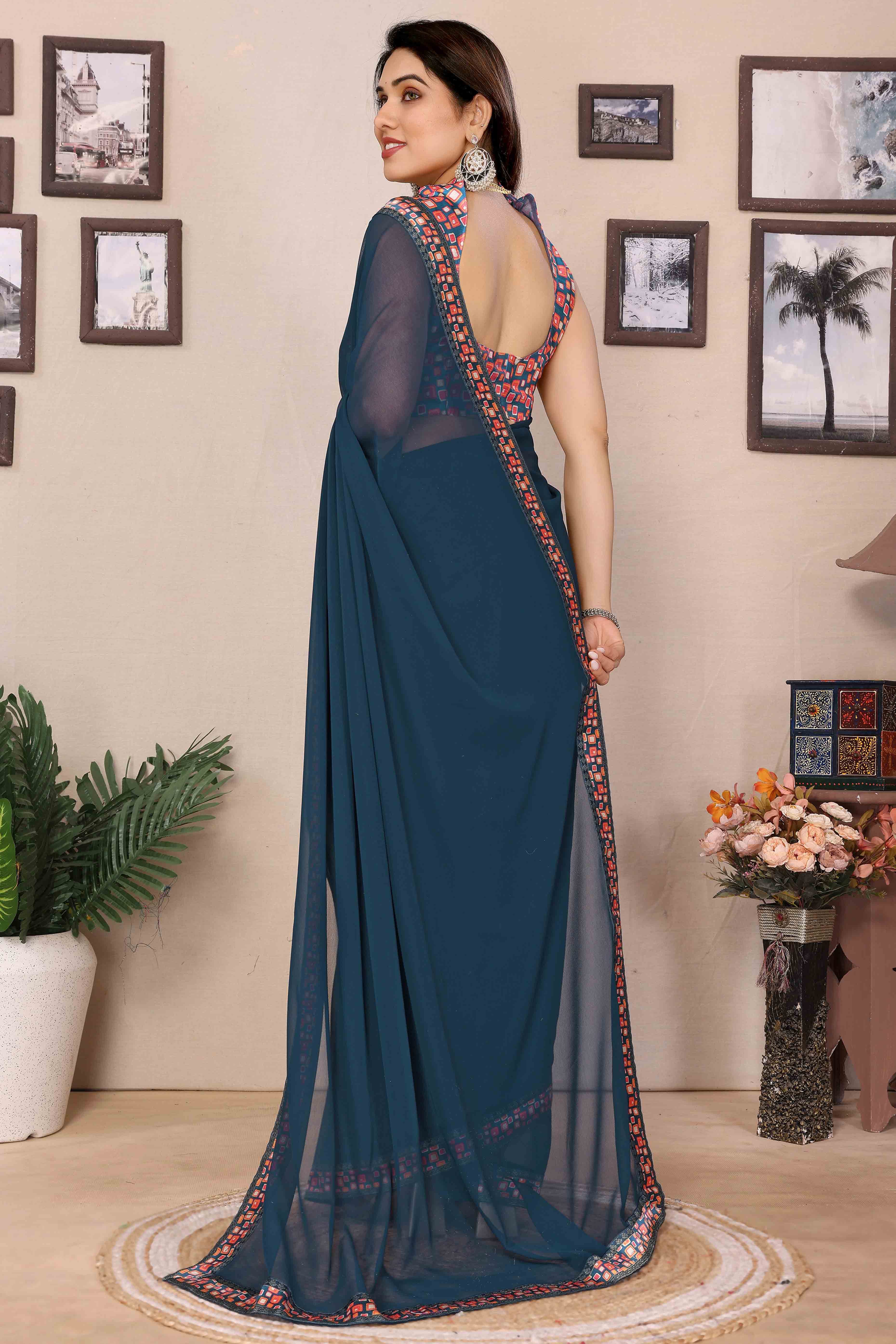 Morpich Blue Solid Georgette Saree With Printed Border