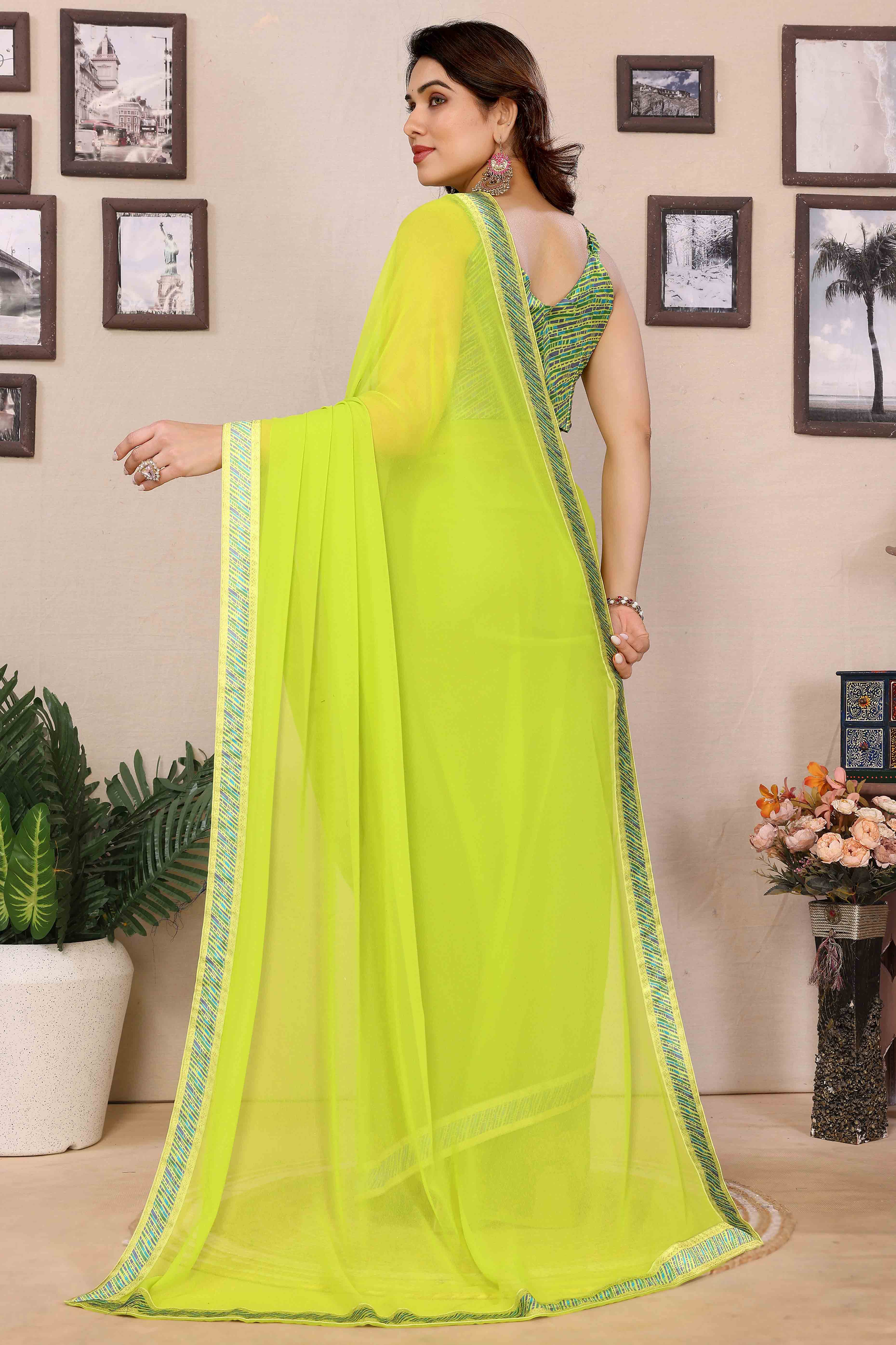 Parrot Green Solid Georgette Saree With Printed Border