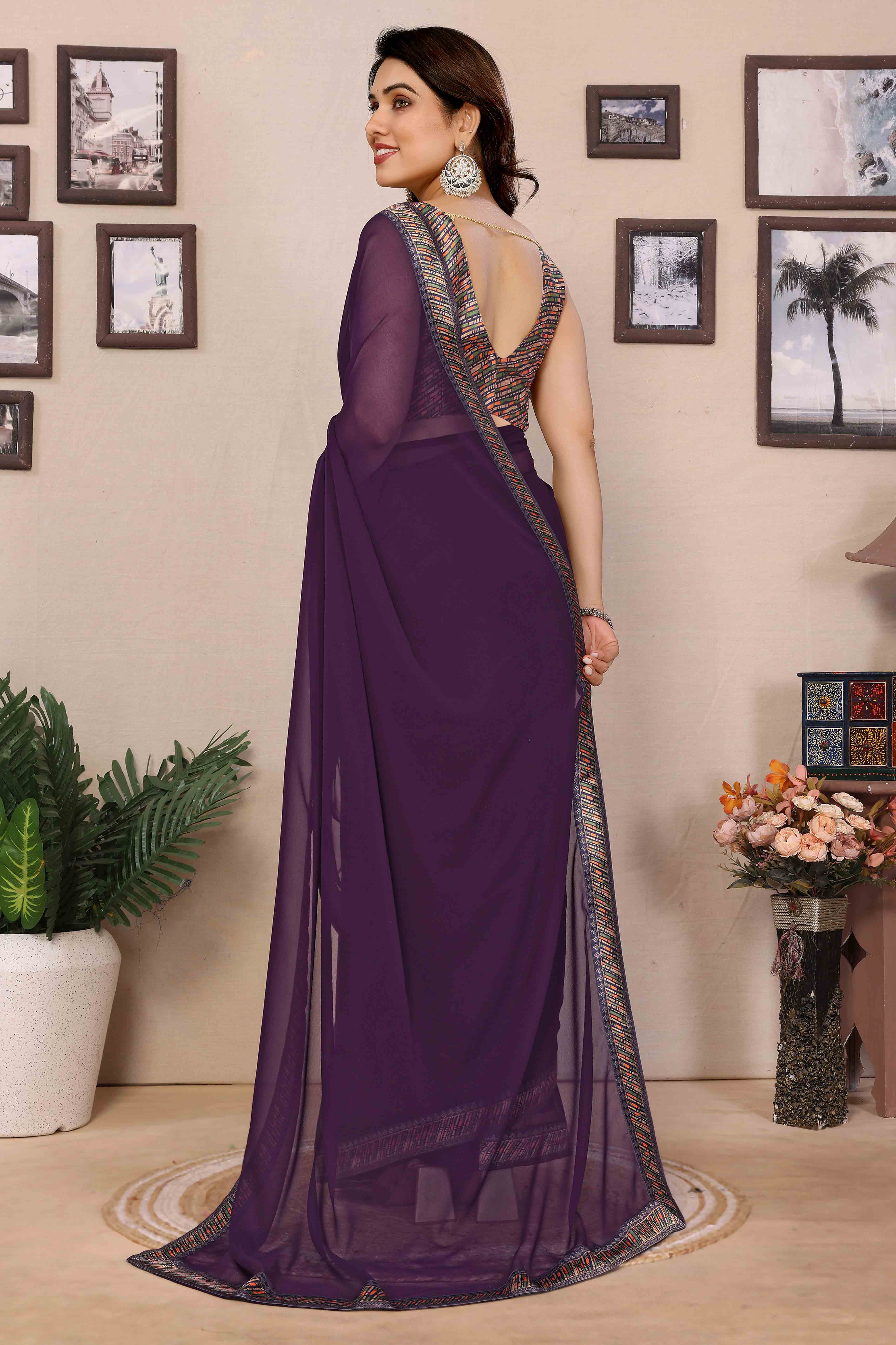 Wine Solid Georgette Saree With Printed Border