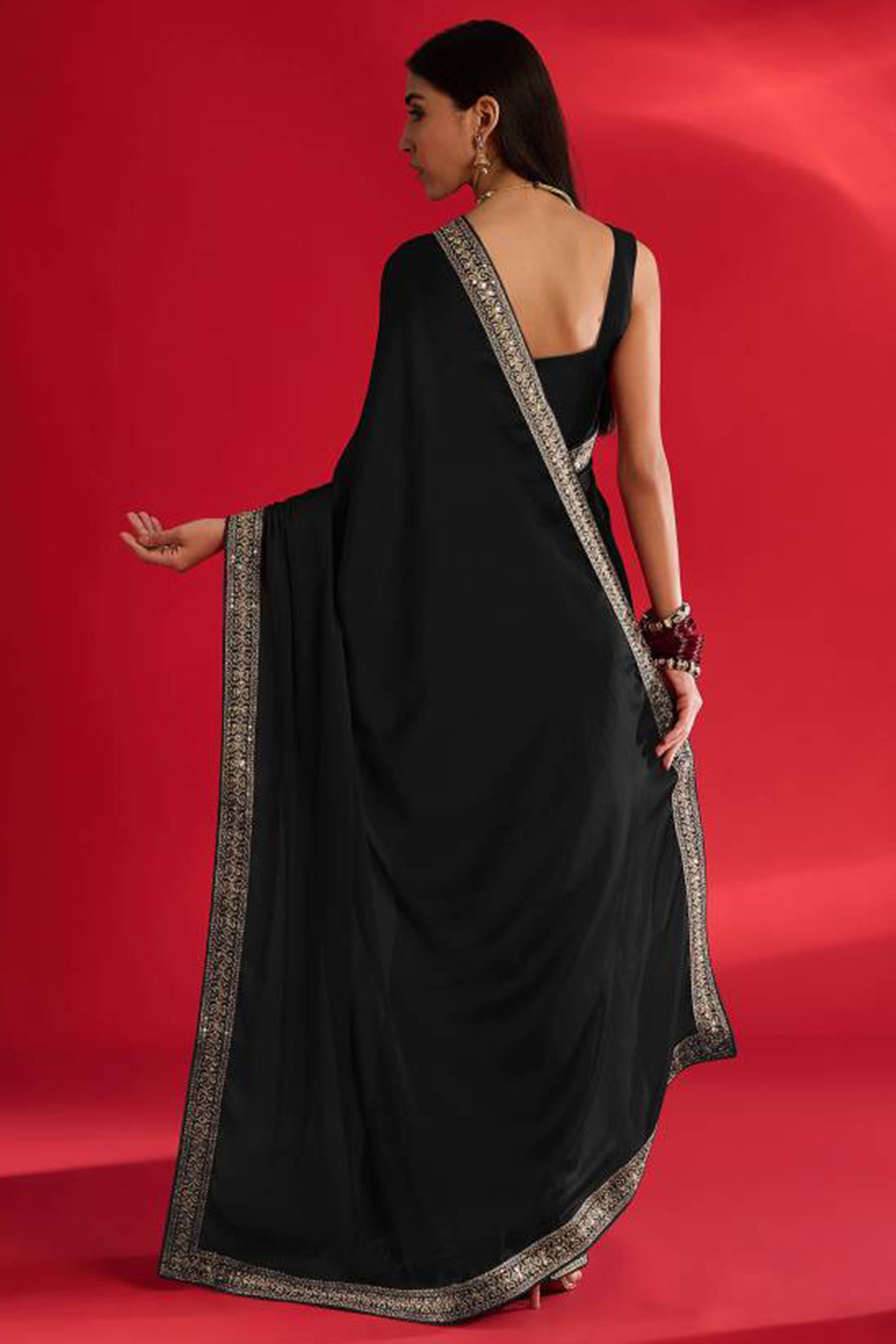 Black Solid With Embellished Bordered Chiffon Sarees
