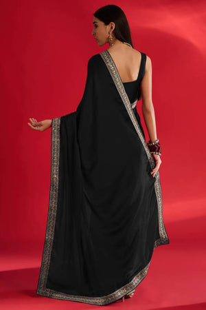 Black Solid With Embellished Bordered Chiffon Sarees