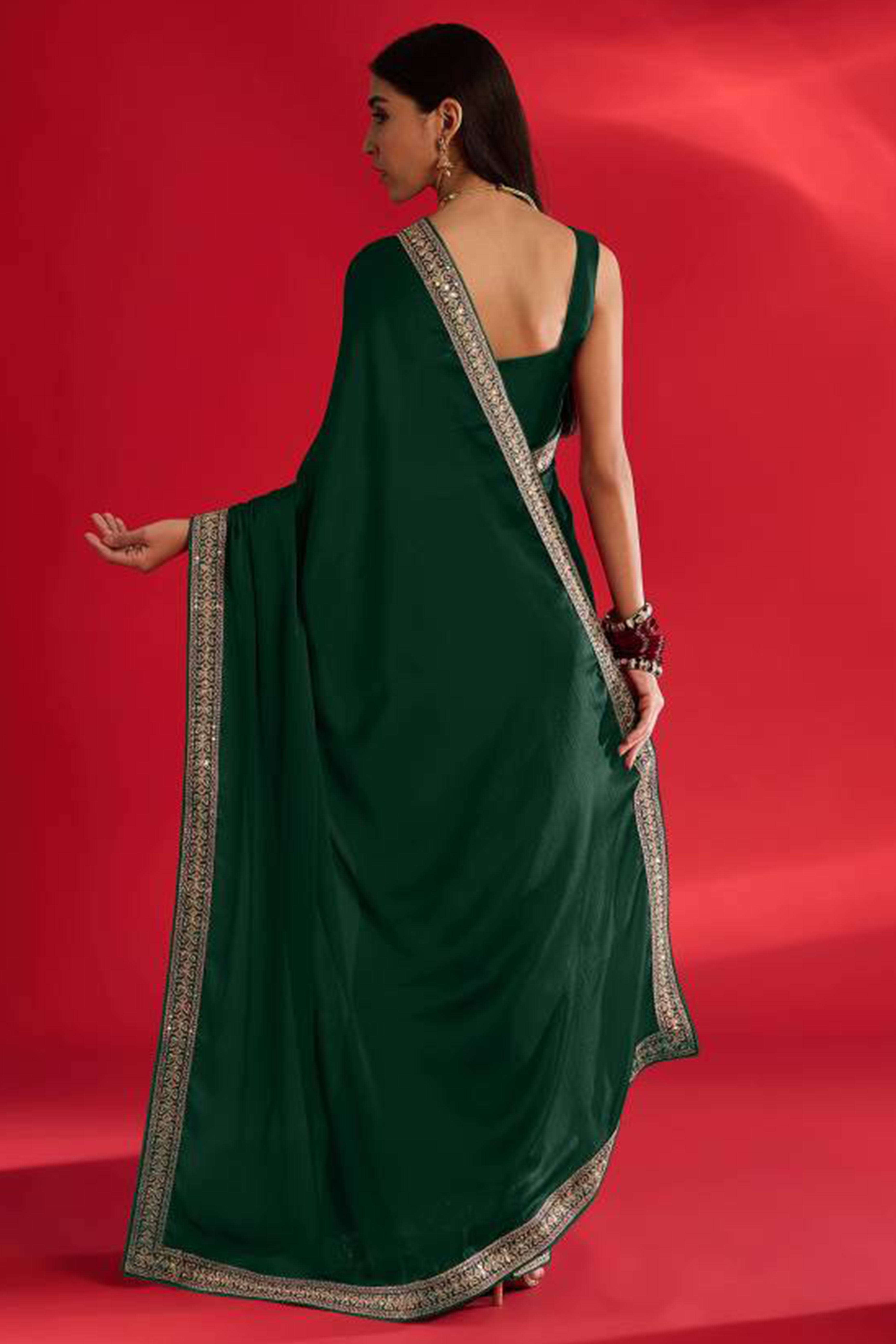 Green Solid With Embellished Bordered Georgette Sarees