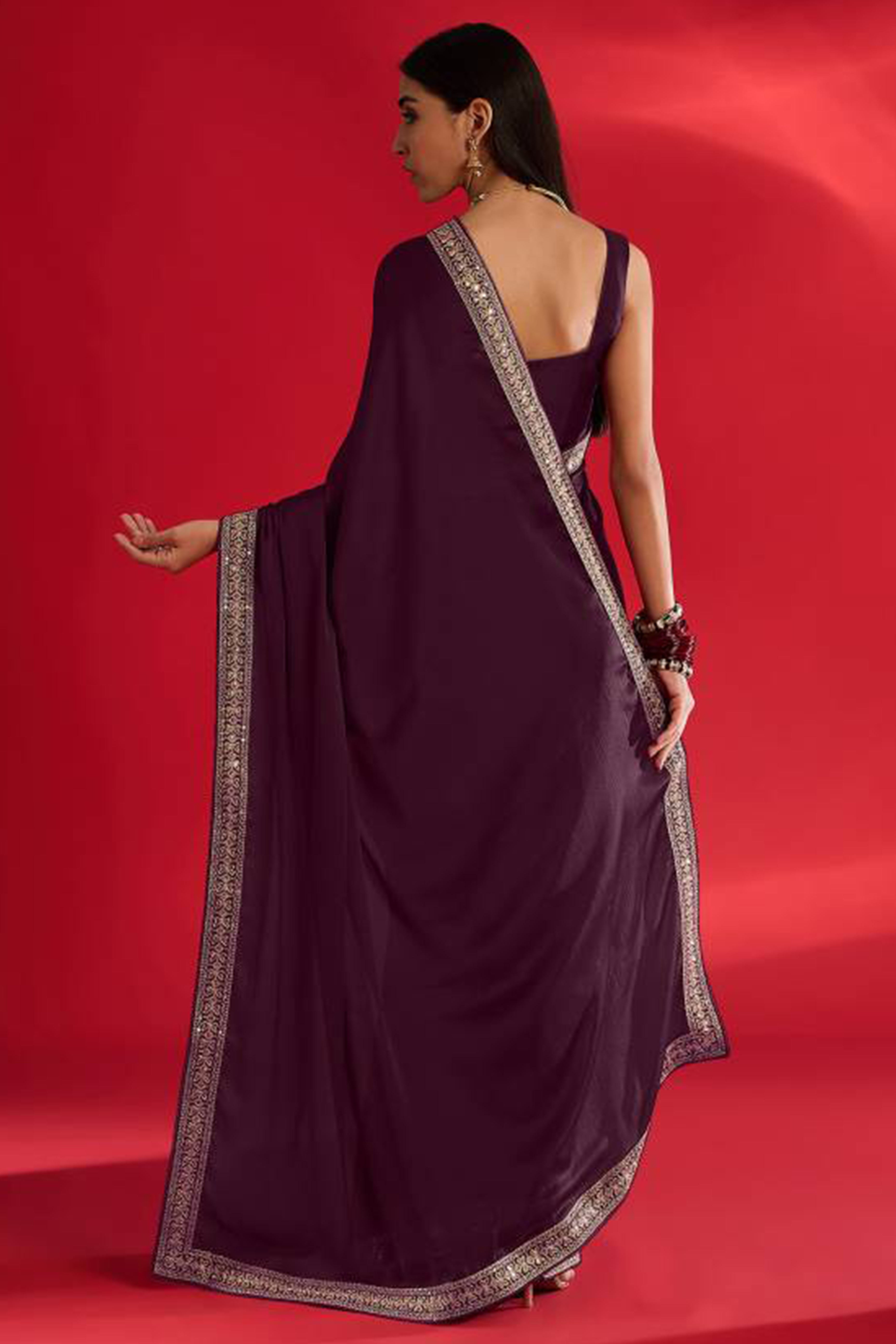 Wine Solid With Embellished Bordered Georgette Sarees