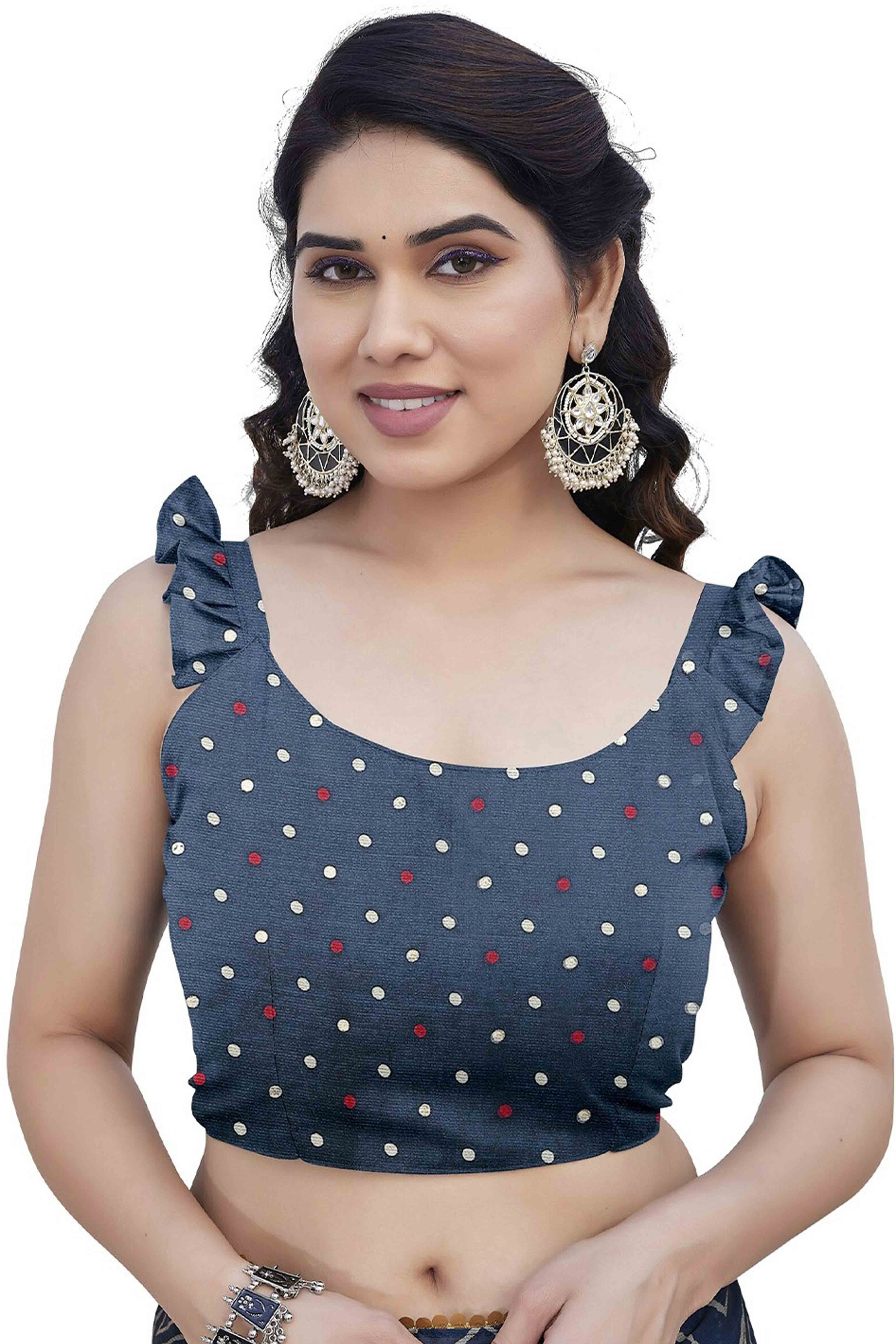 Morpich Blue Chiffon Saree With Zig-Zag Foil Print & Golden Lace Border