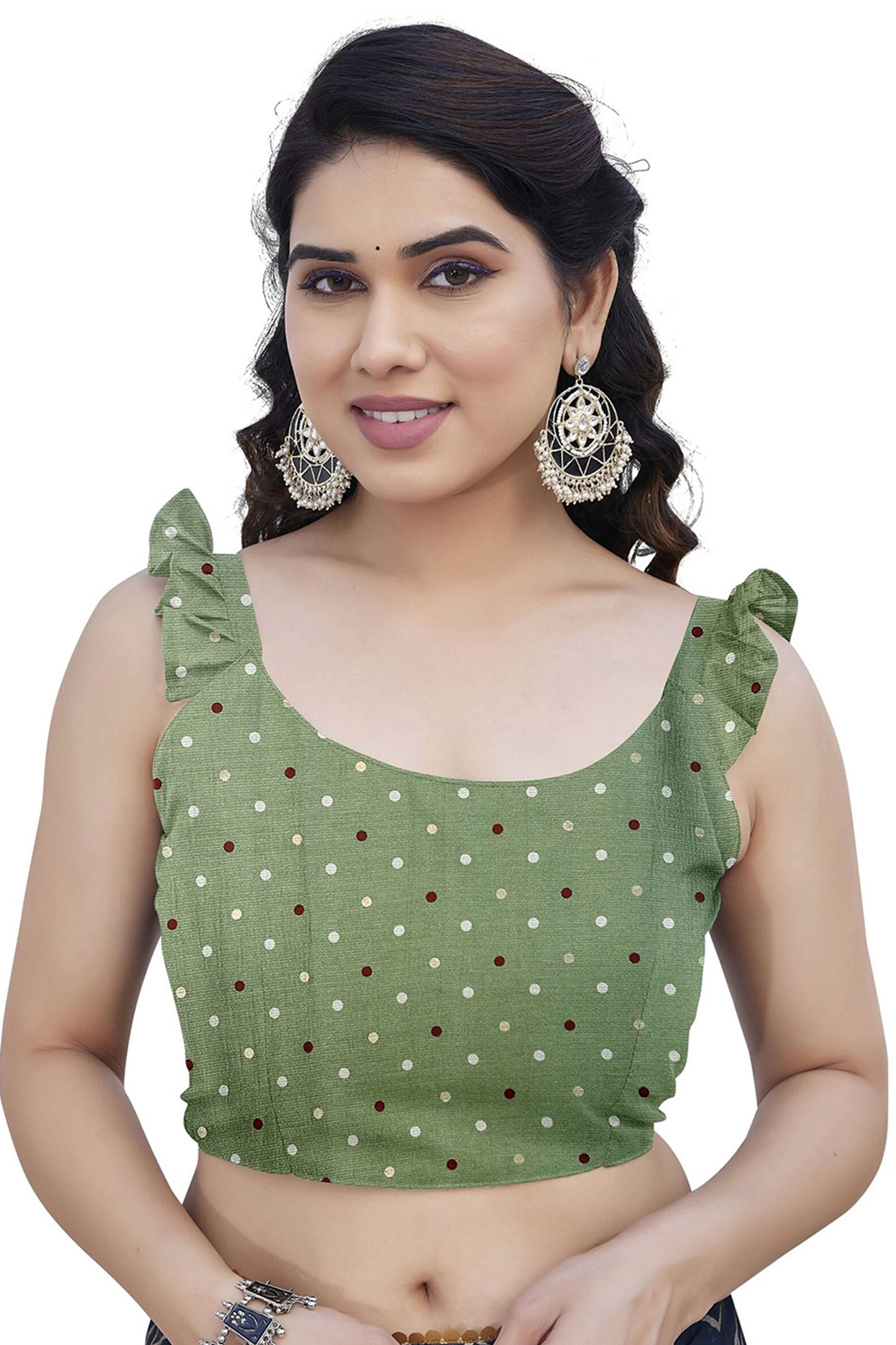 Pista Green Chiffon Saree With Zig-Zag Foil Print & Golden Lace Border