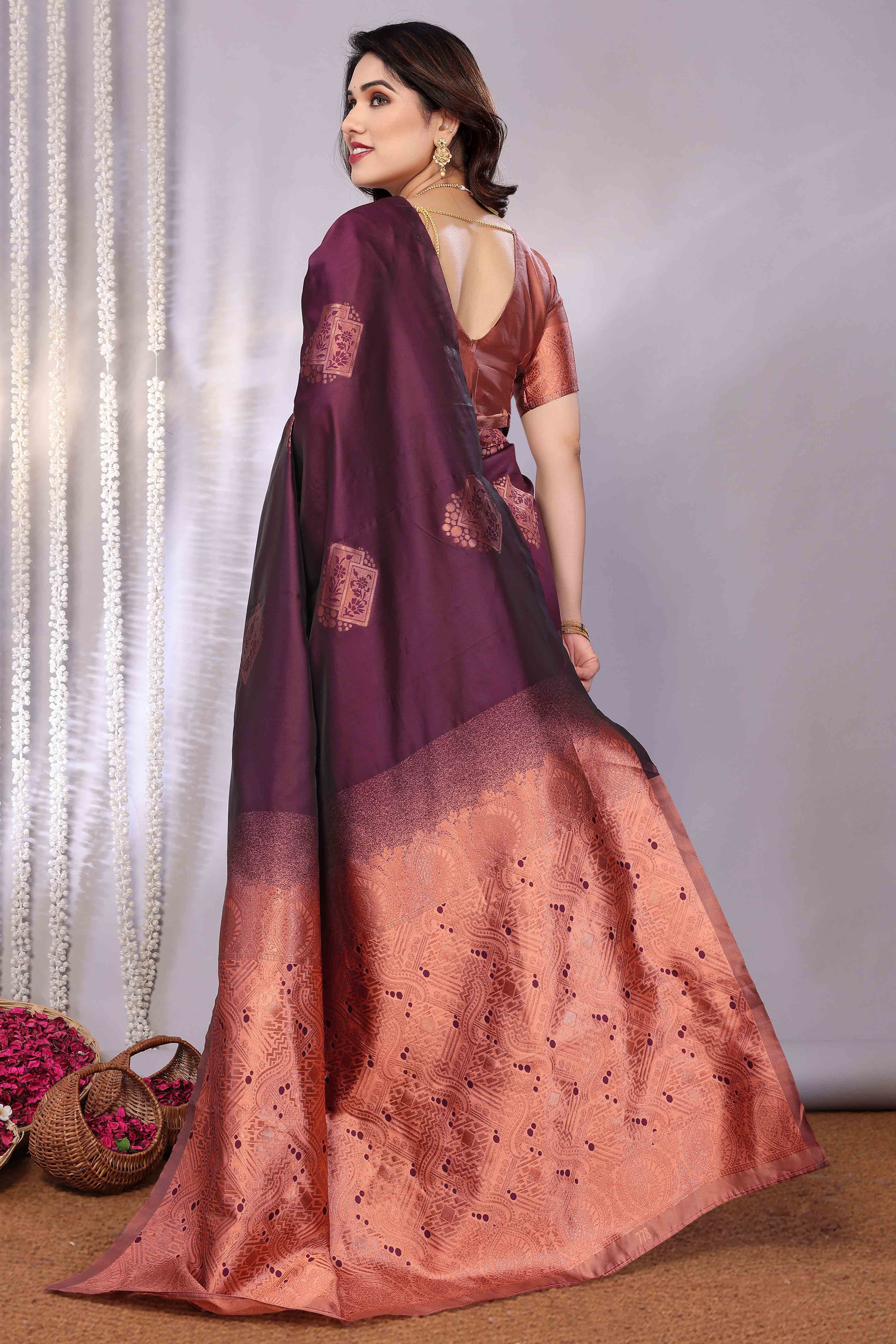 Burgundy Banarasi Silk Saree Adorned With Floral Zari Weaving