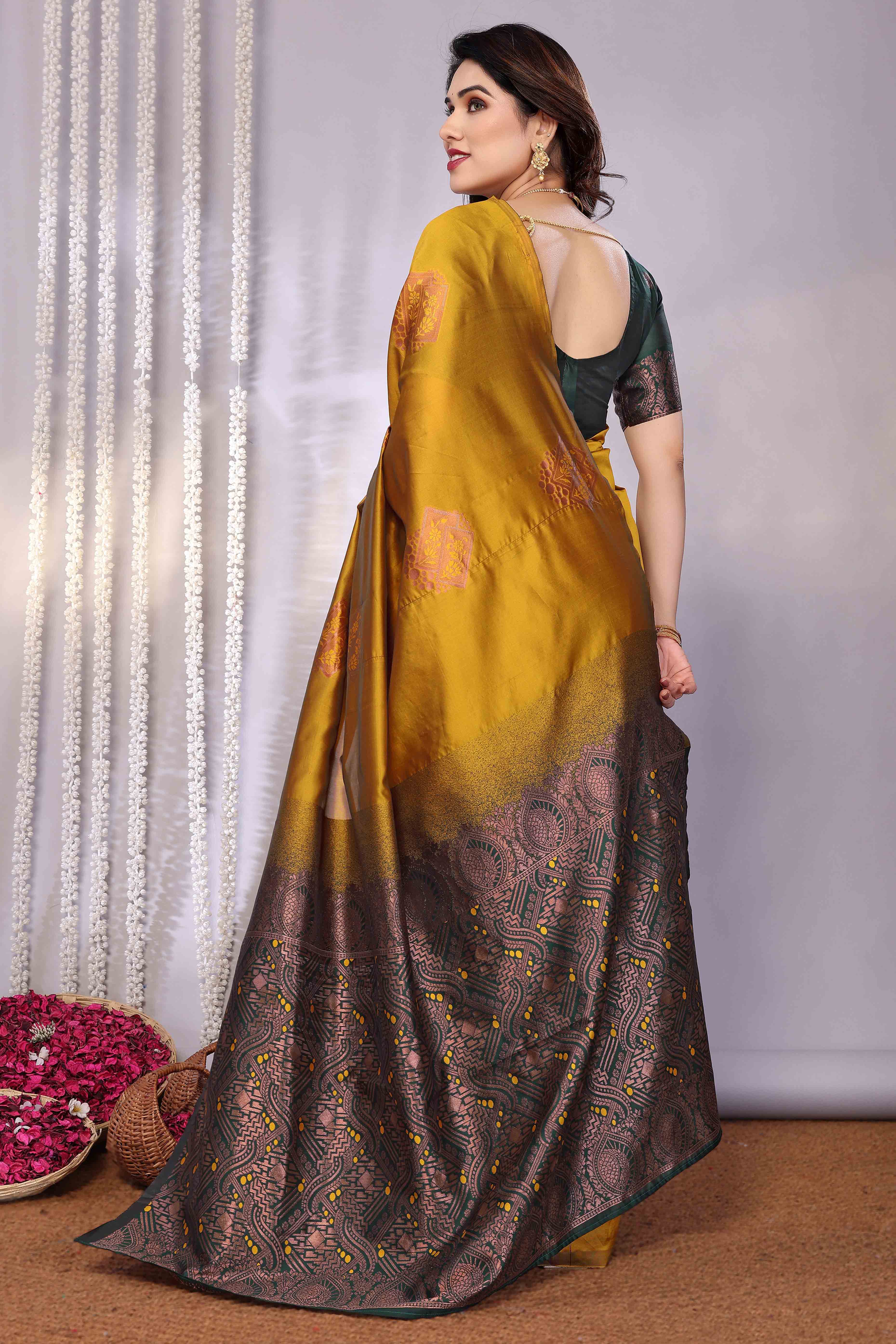 Mustard Banarasi Silk Saree Adorned With Floral Zari Weaving