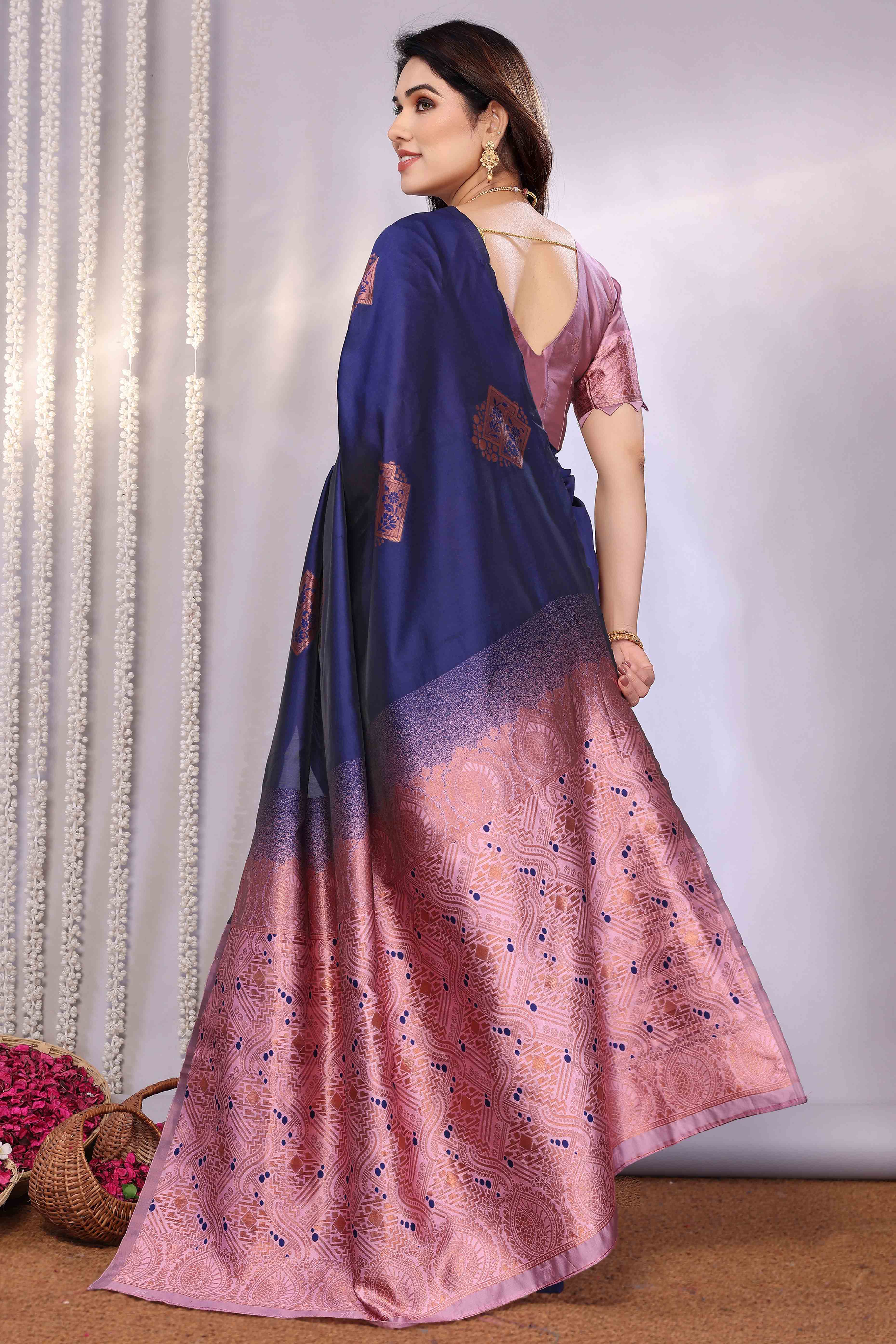 Navy Blue Banarasi Silk Saree Adorned With Floral Zari Weaving