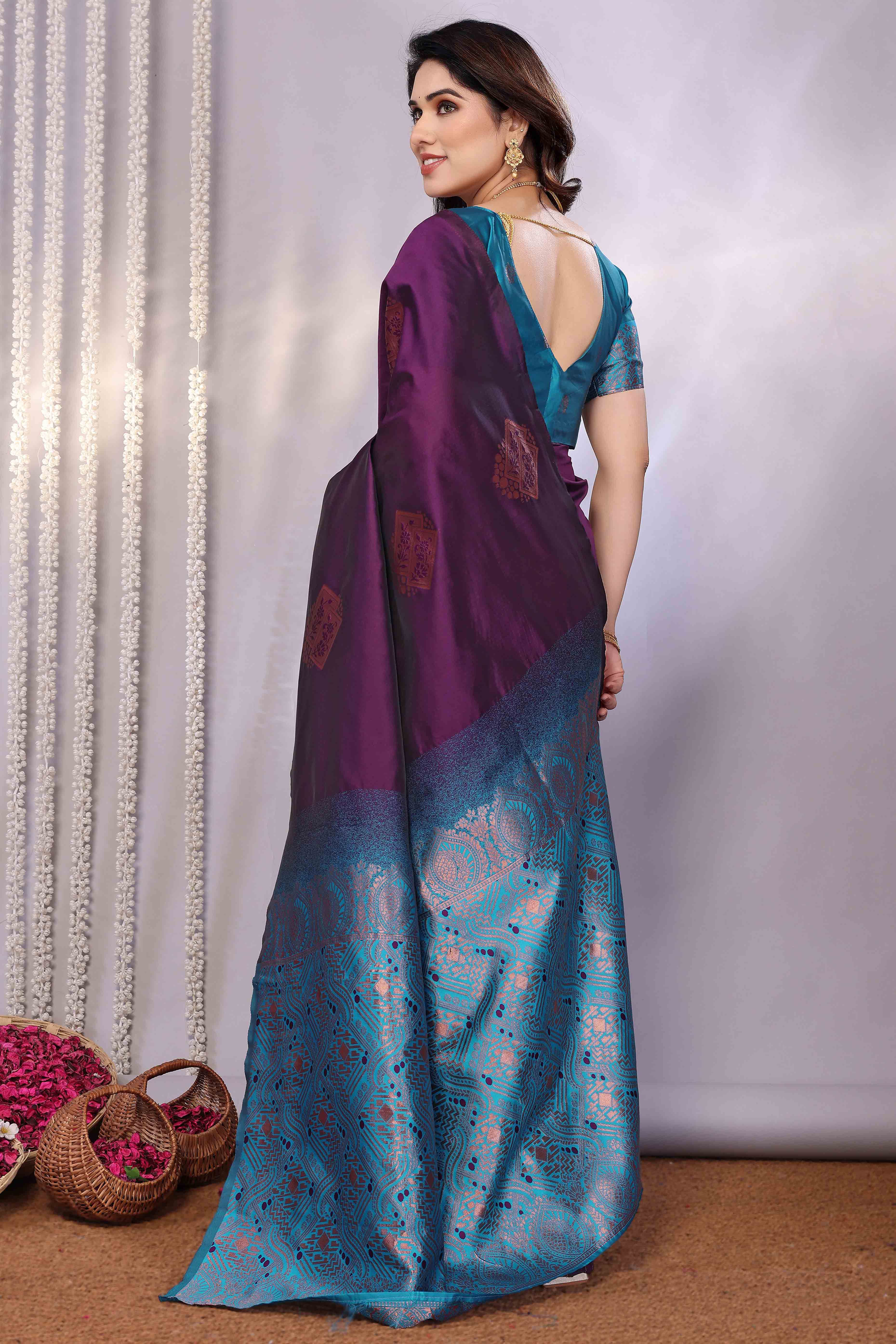 Purple Banarasi Silk Saree Adorned With Floral Zari Weaving