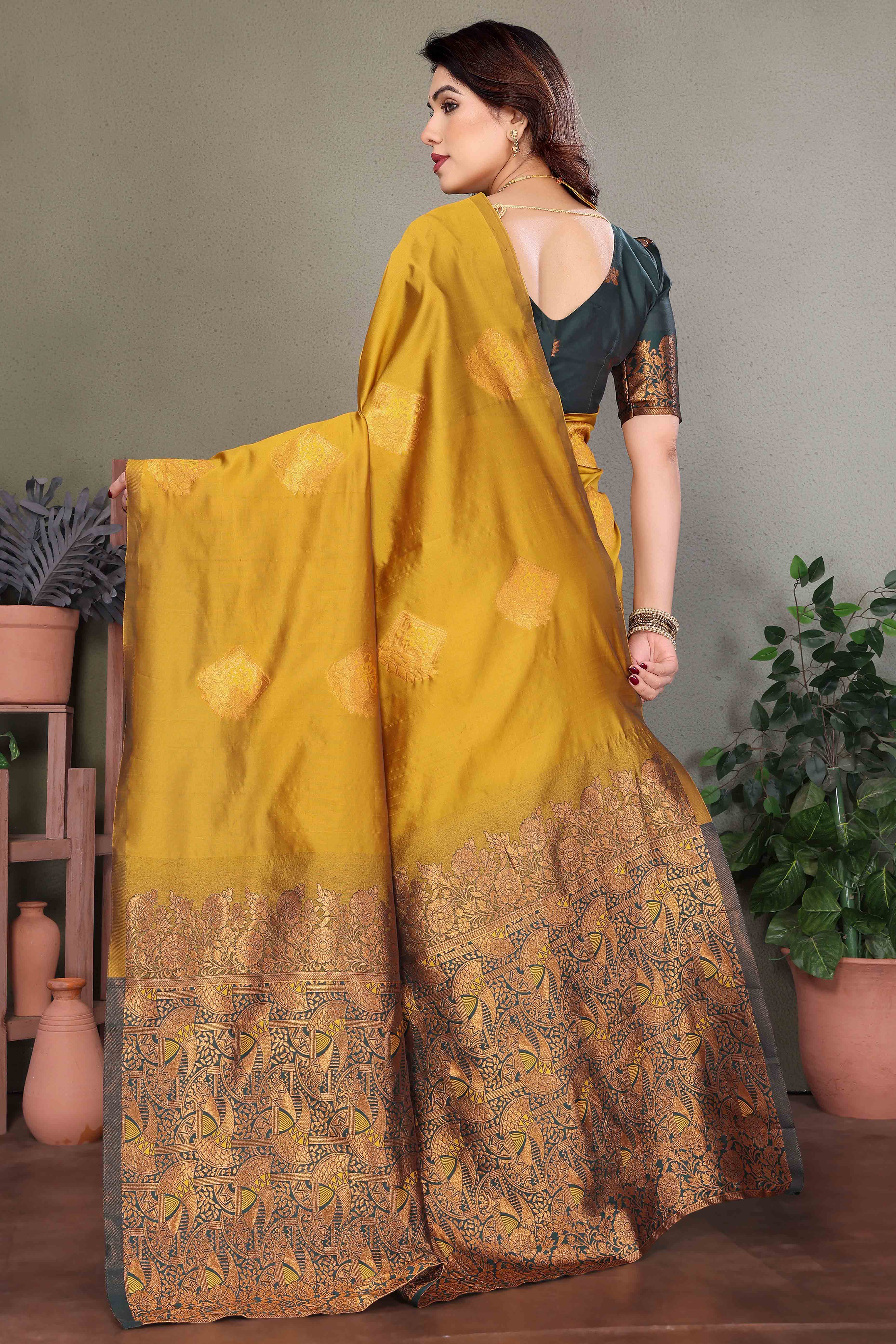 Mustard Banarasi Silk Saree With Exquisite Floral Zari Weaving