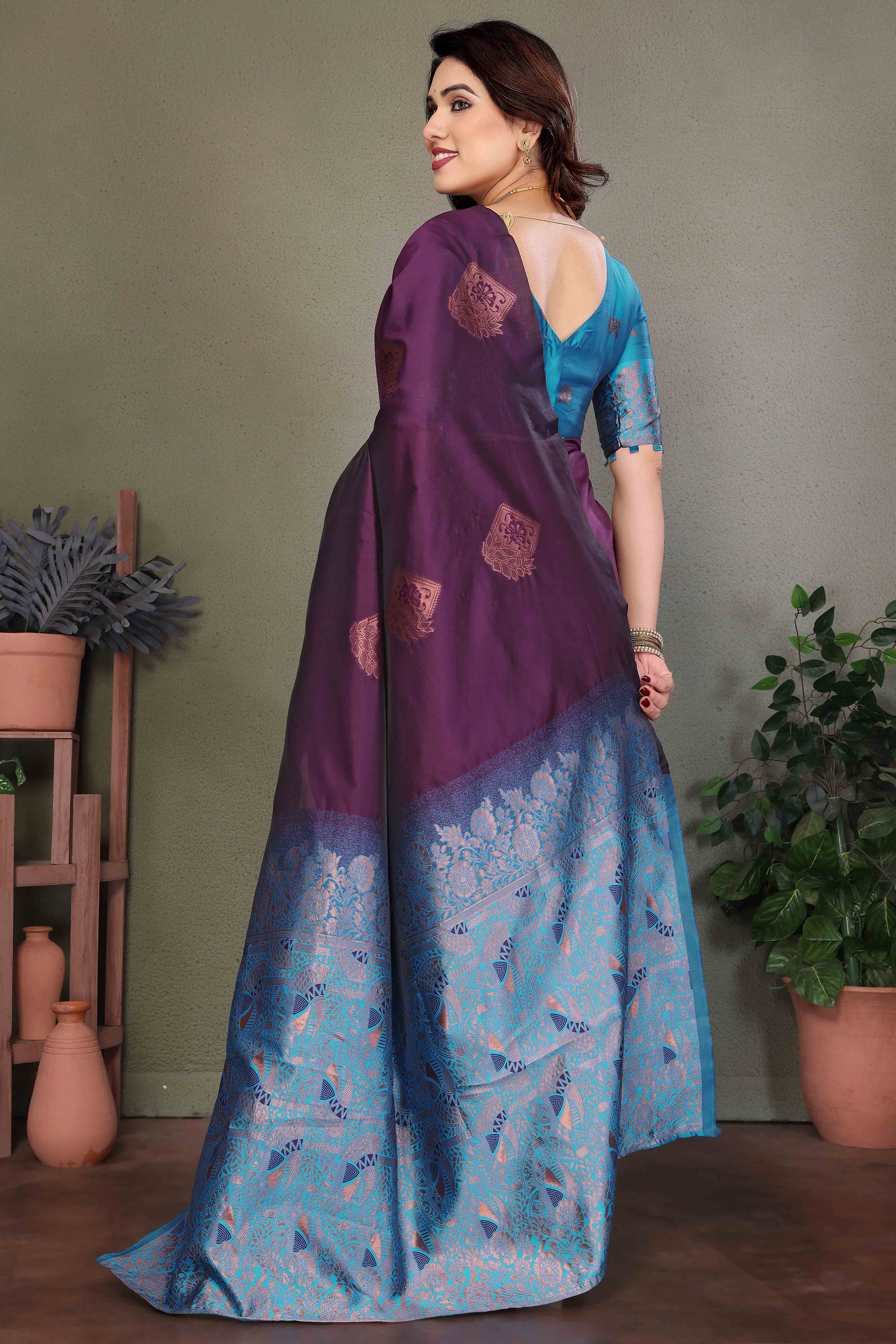 Purple Banarasi Silk Saree With Exquisite Floral Zari Weaving