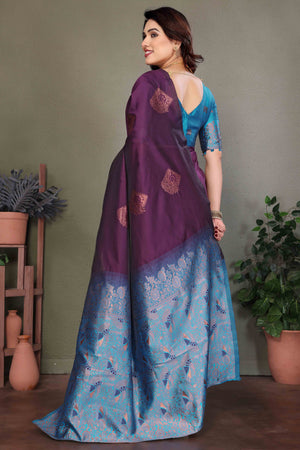 Purple Banarasi Silk Saree With Exquisite Floral Zari Weaving