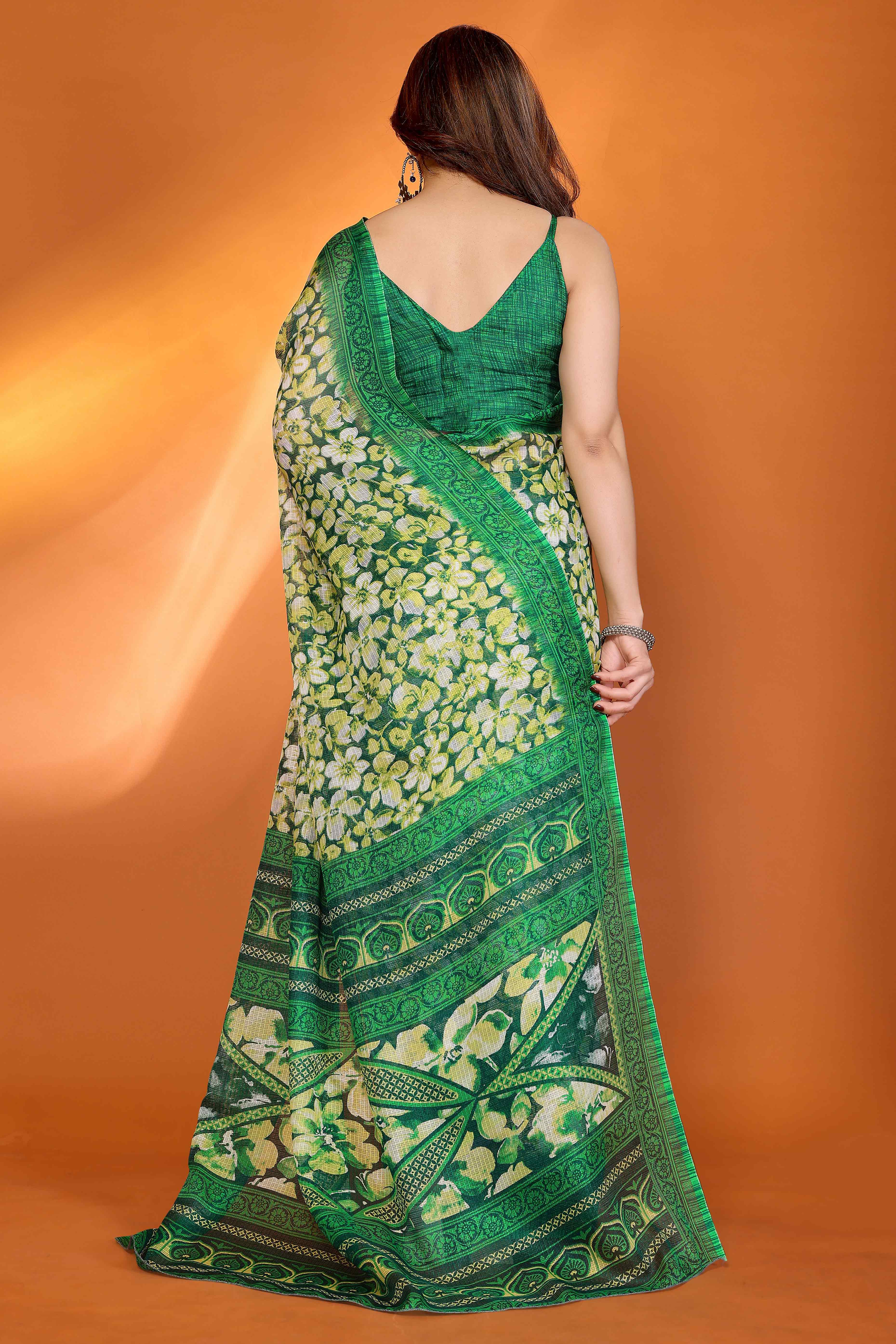 Green Kota Doria Saree with Graceful Floral Print Work