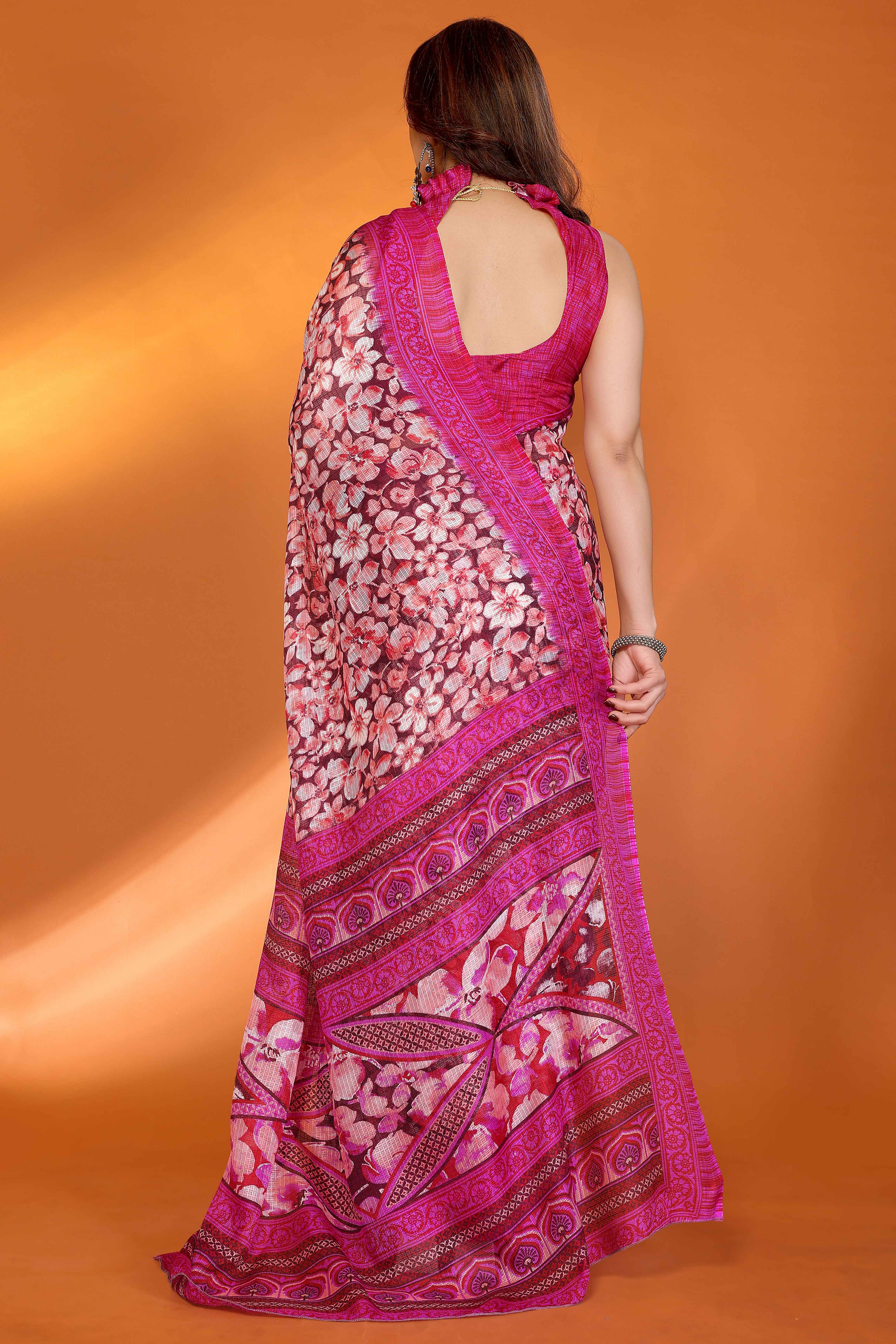Pink Kota Doria Saree with Graceful Floral Print Work