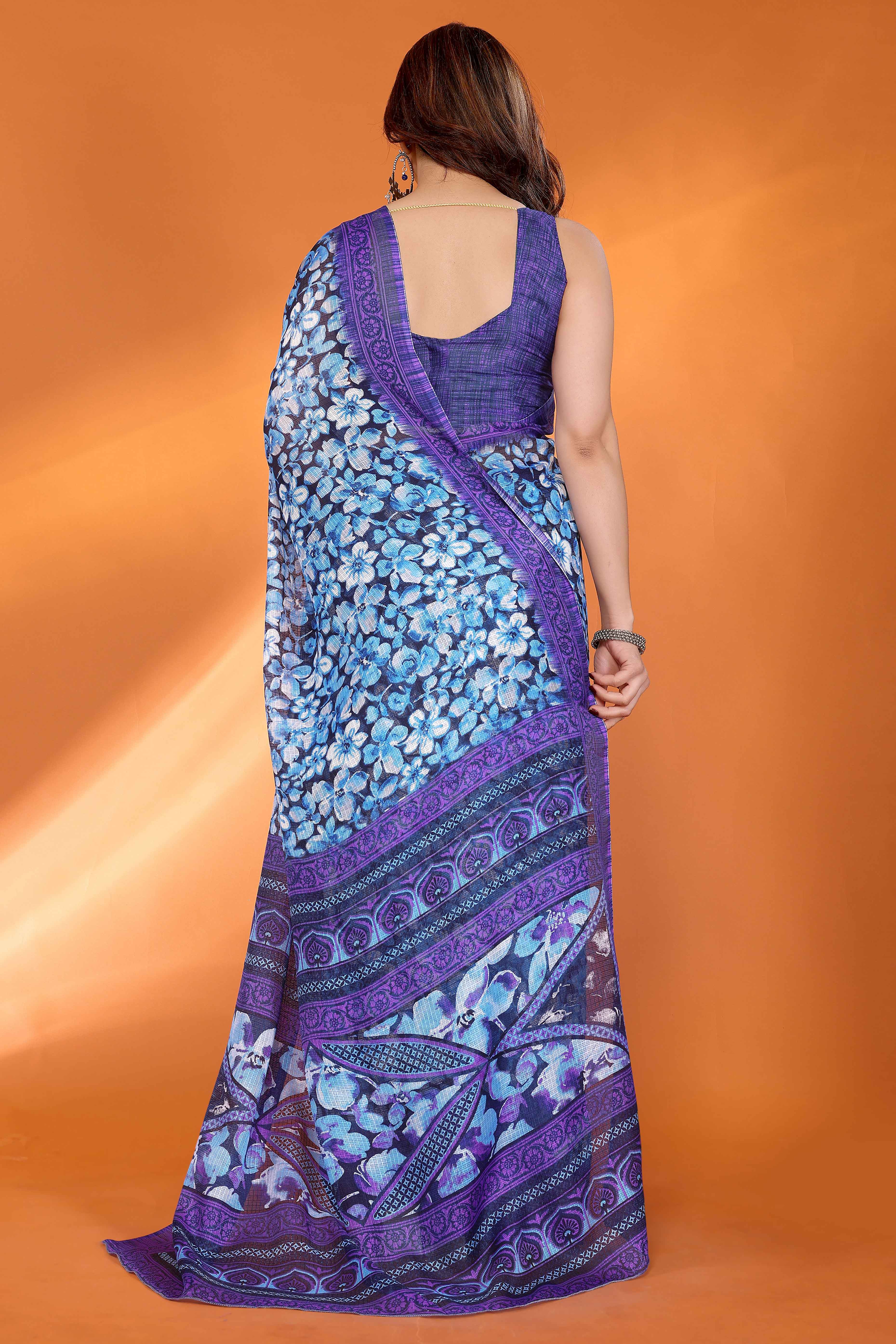 Purple Kota Doria Saree with Graceful Floral Print Work