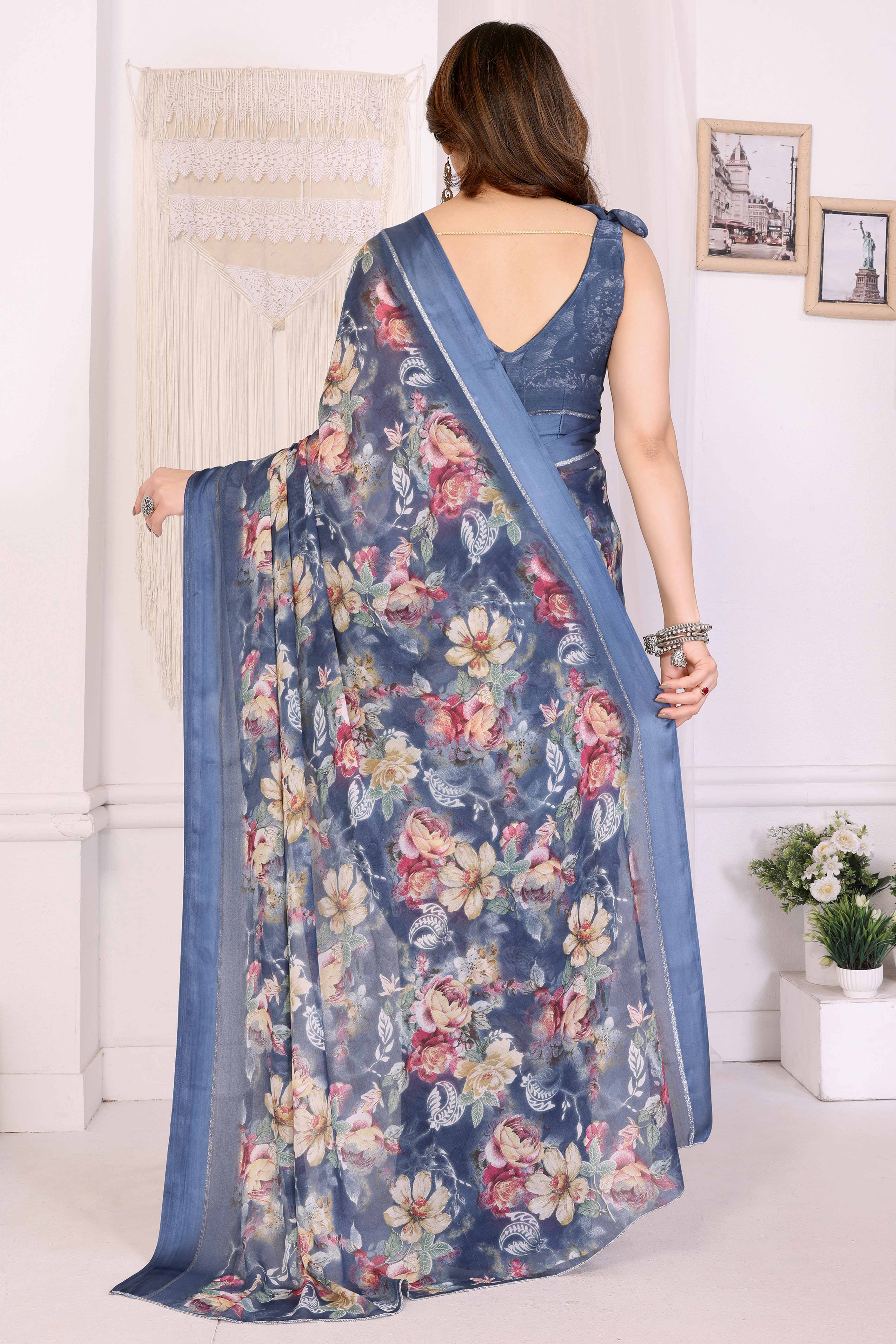 Bluish Grey Floral Printed Crepe Saree Enhanced With A Lustrous Satin Patta Border