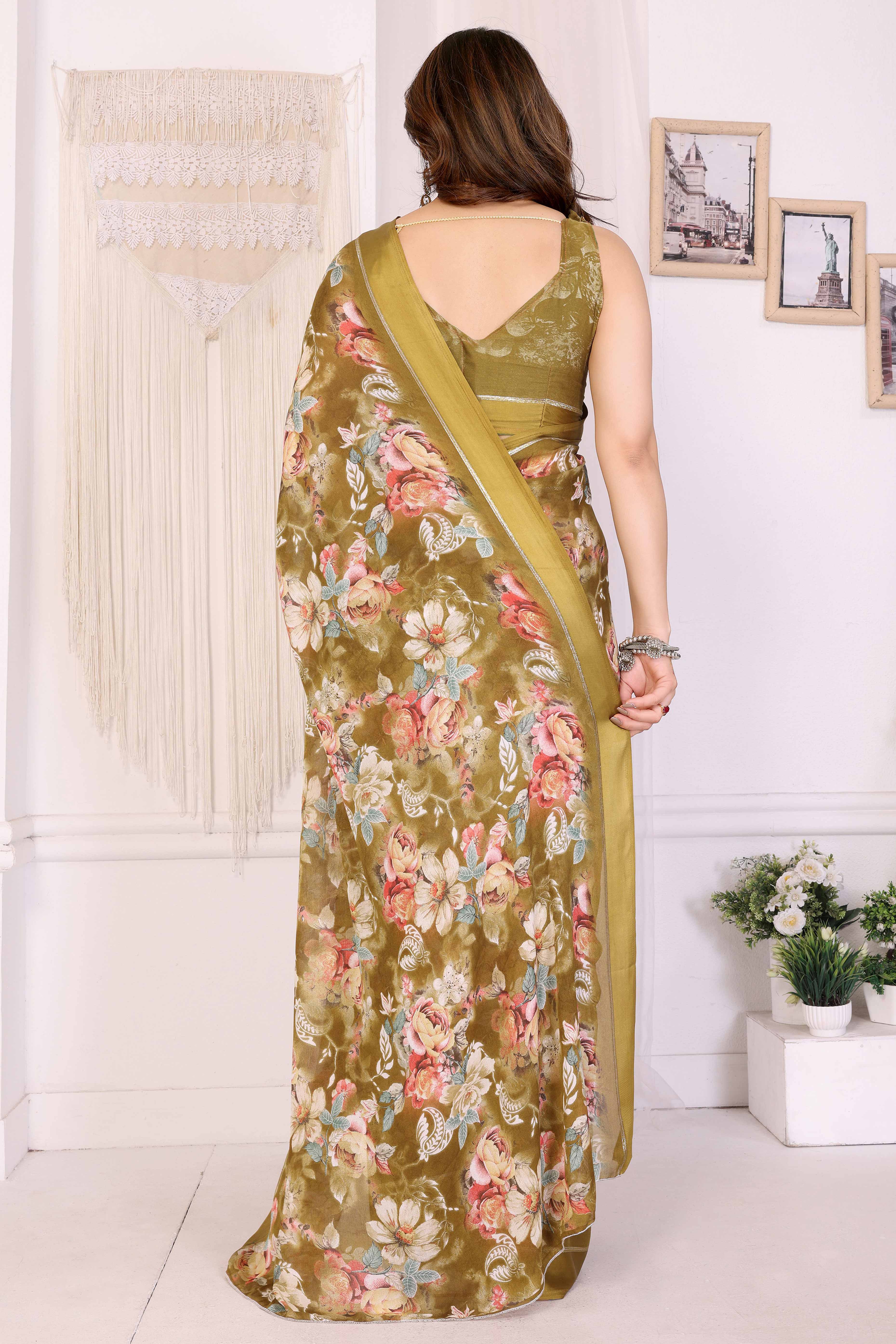 Dark Mustard Floral Printed Crepe Saree Enhanced With A Lustrous Satin Patta Border