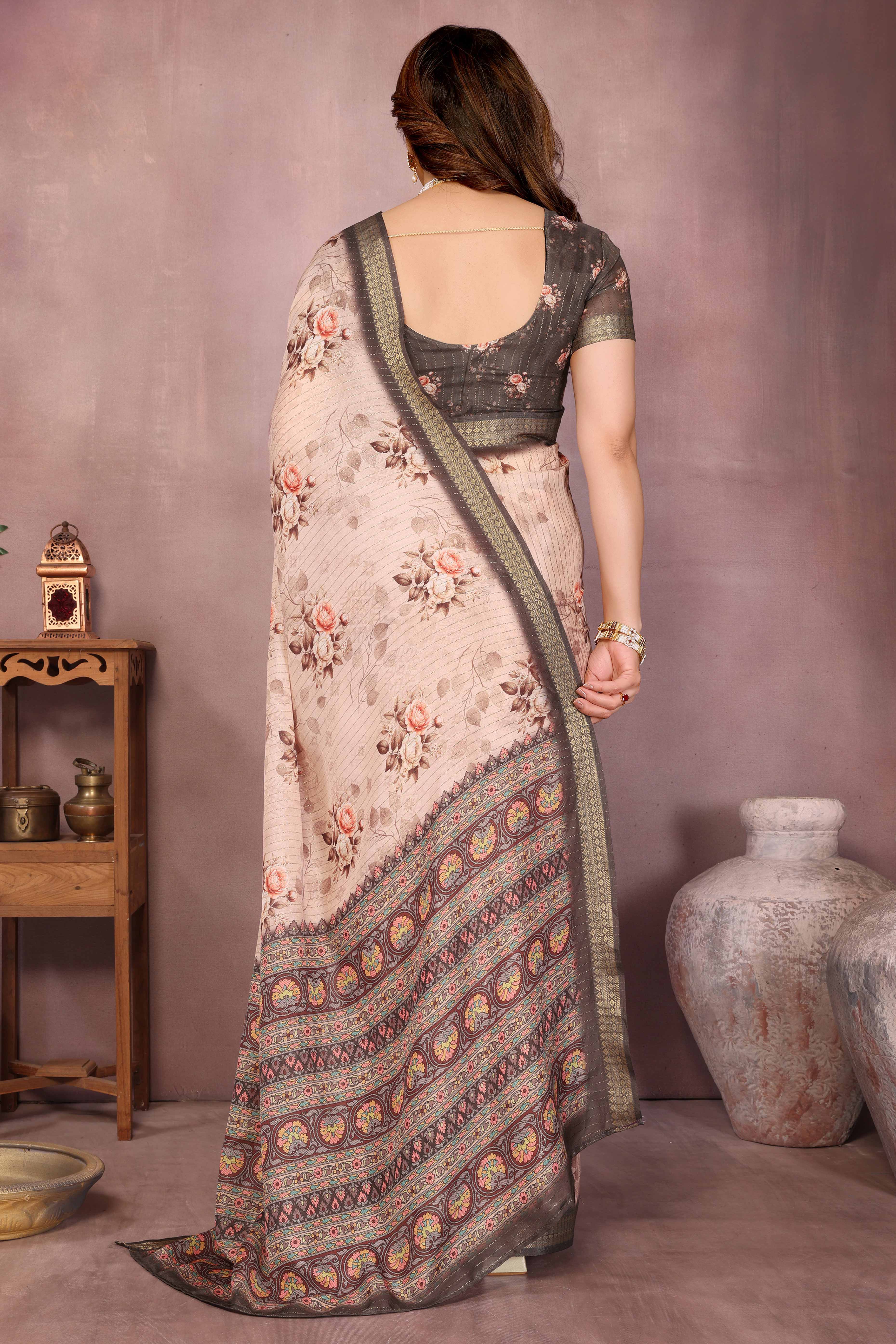 Beige Zari Woven Saree with Floral Motifs in Cotton Blend Fabric