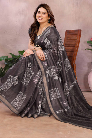 Charcoal Grey Zari Woven Saree with Floral Motifs in Cotton Blend Fabric