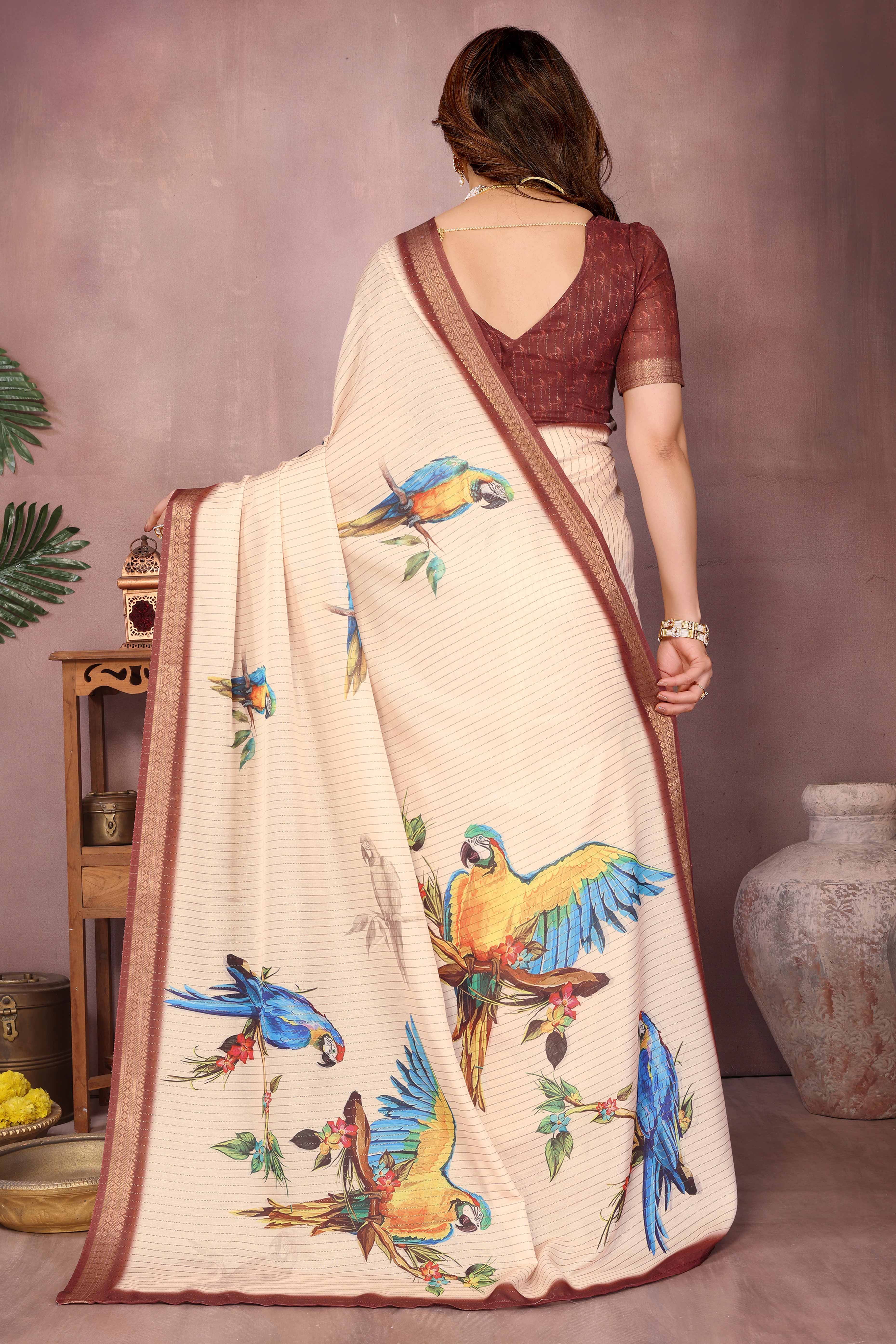 Cream Zari Woven Saree with Floral Motifs in Cotton Blend Fabric