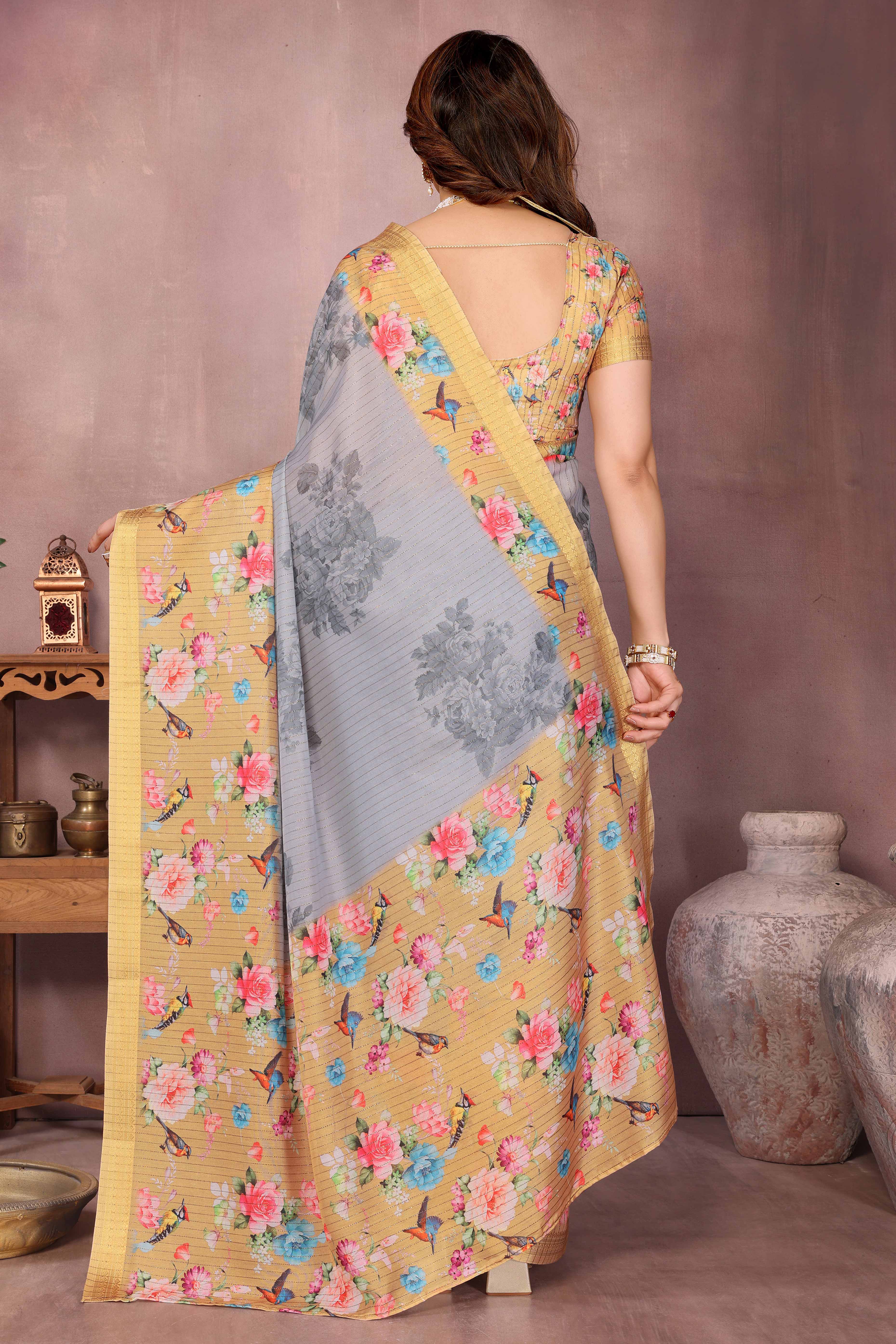 Grey Zari Woven Saree with Floral Motifs in Cotton Blend Fabric