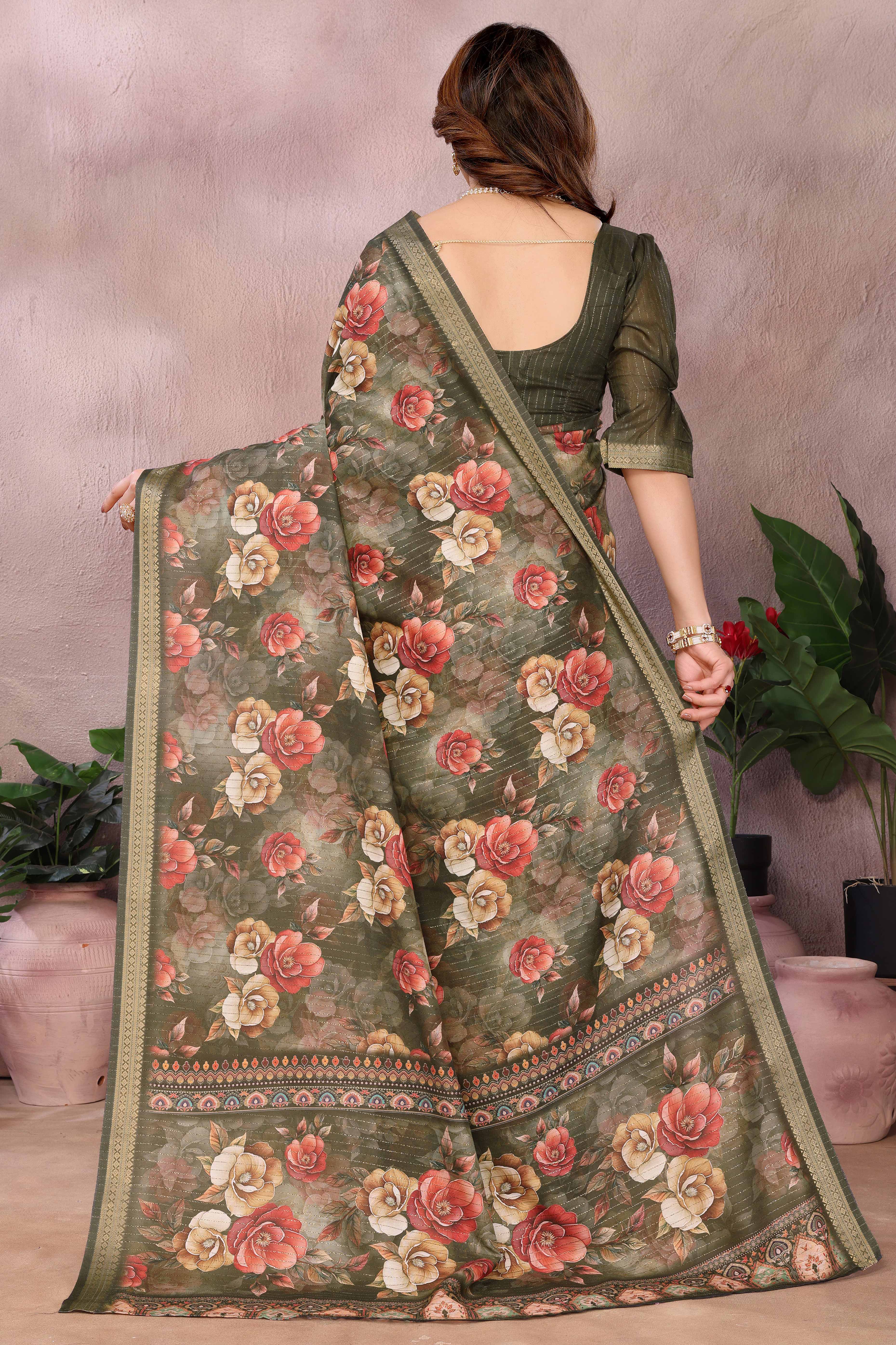 Mehendi Green Zari Woven Saree with Floral Motifs in Cotton Blend Fabric
