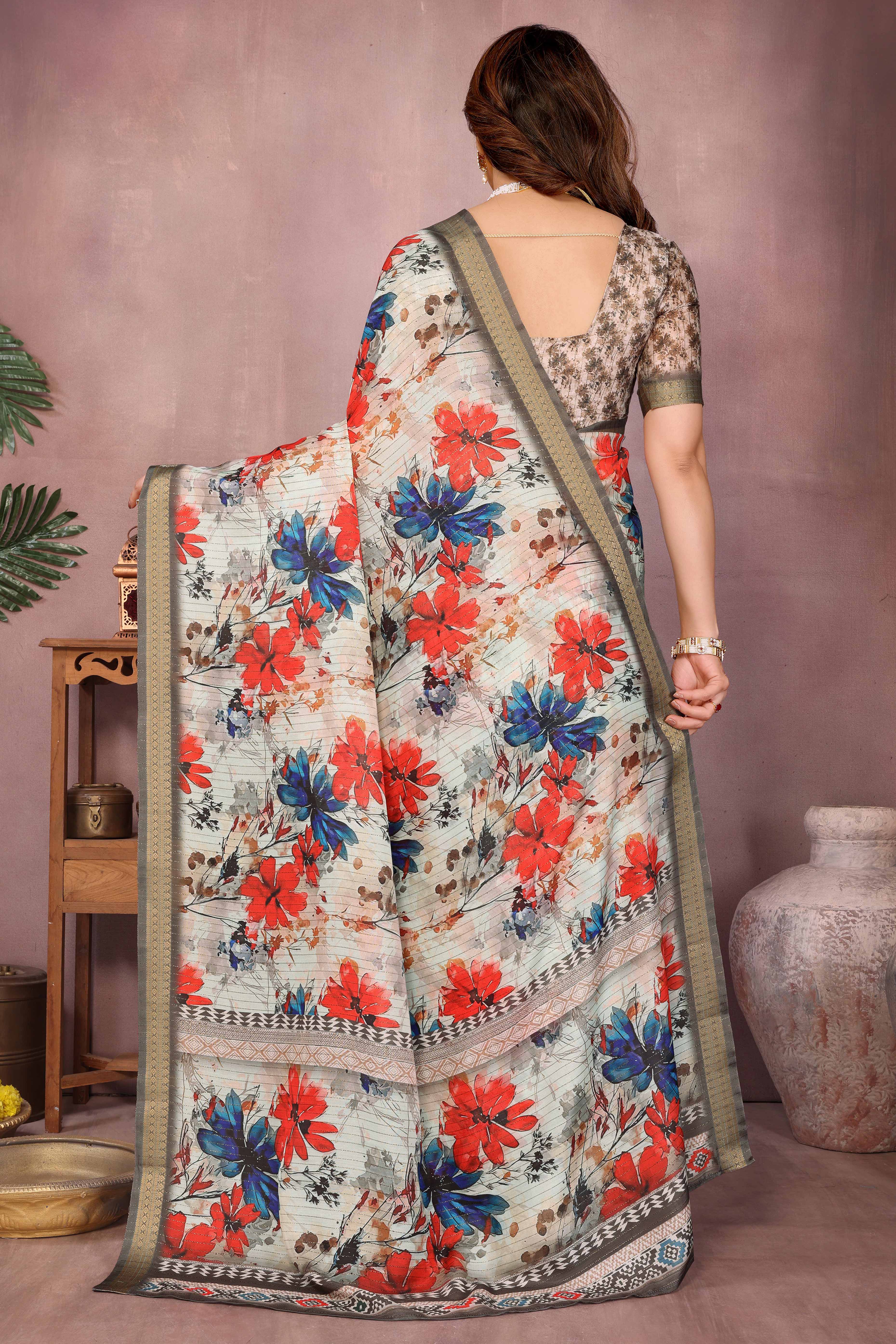 Off White Zari Woven Saree with Floral Motifs in Cotton Blend Fabric